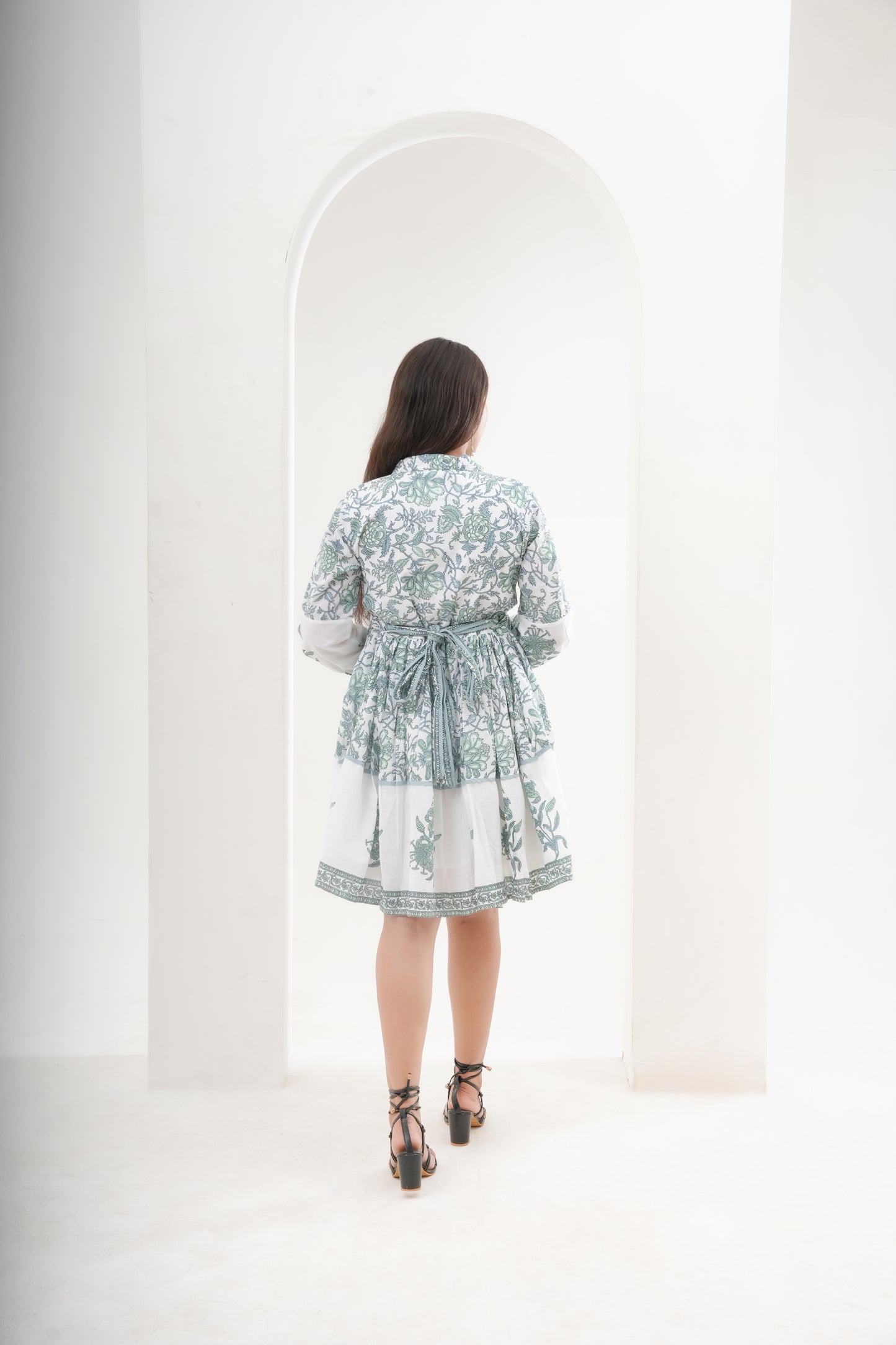 white & green floral sanganeri print cotton short dress – elegant summer wear