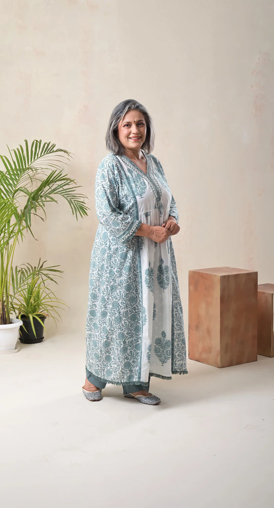 White and Green Pure Cotton Mughal Motifs Sanganeri Print A-line Kurta with Straight Pants and Dupatta