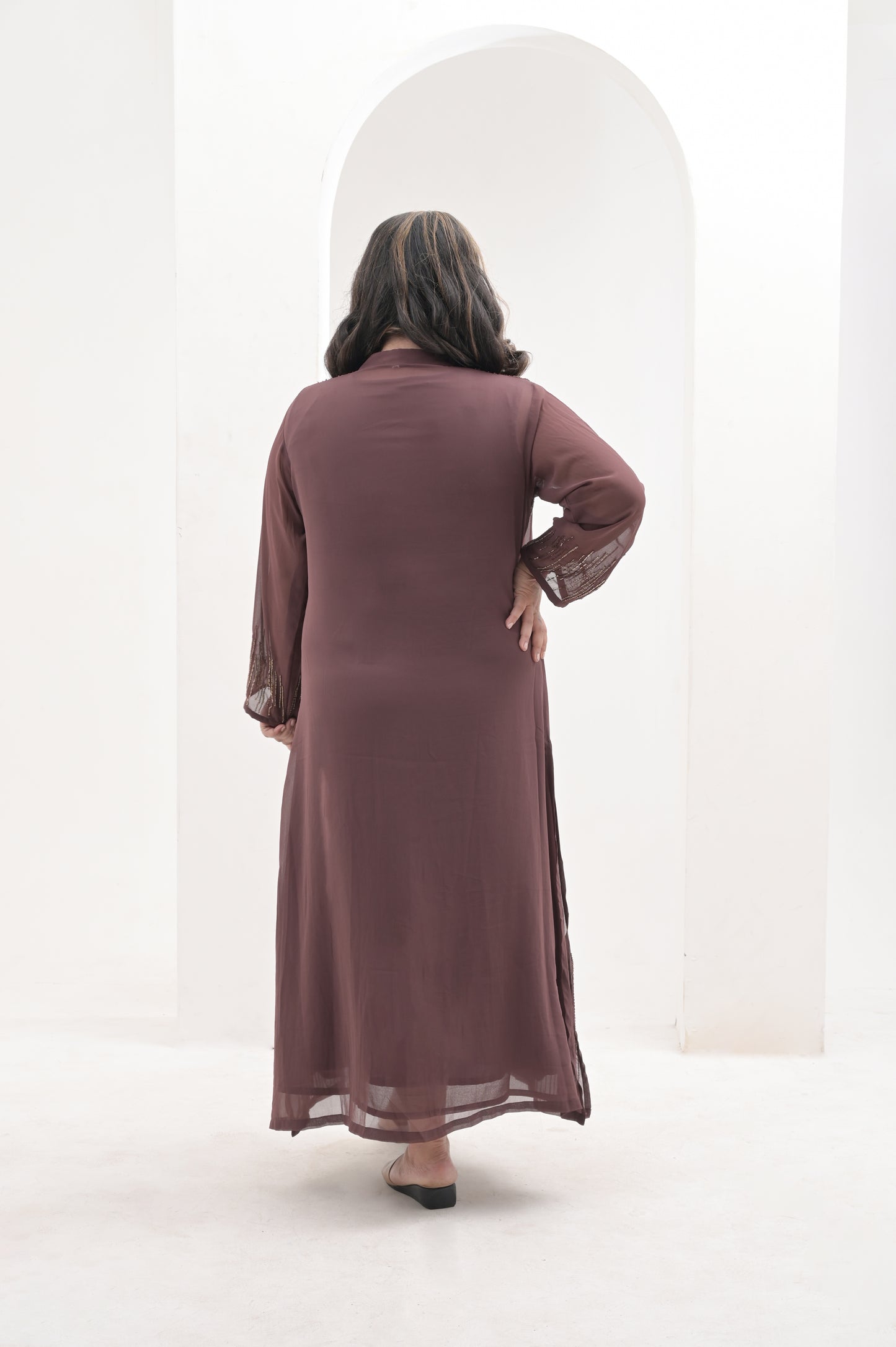 brown designer gown with zari & cutdana handwork in viscose georgette