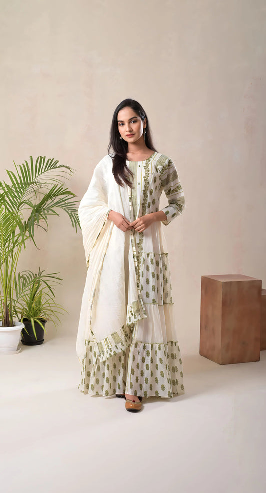 White & Green Block Print Cotton Gown with Dupatta – Smart Casual & Contemporary Wear