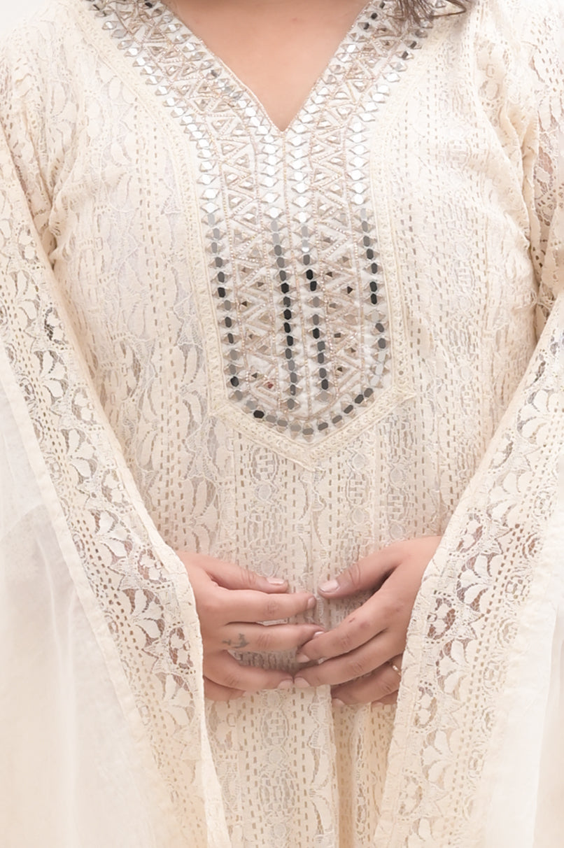 off-white, mirror work neckline, cotton net, anarkali suit set