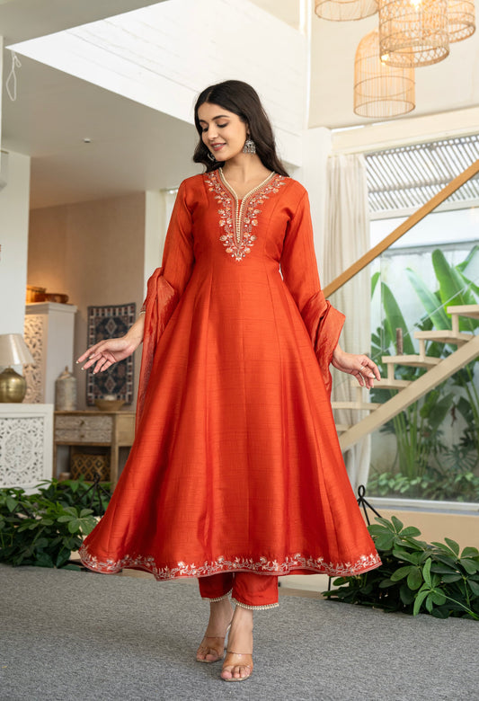 Rust Orange,Hand-Embroidered,Silk,Anarkali,Ethnic Wear,Indian Suit