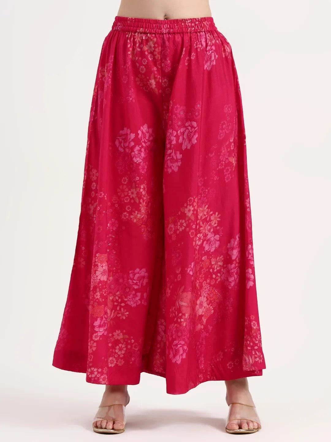 hot pink radiance: floral muslin silk palazzo set with gota work dupatta