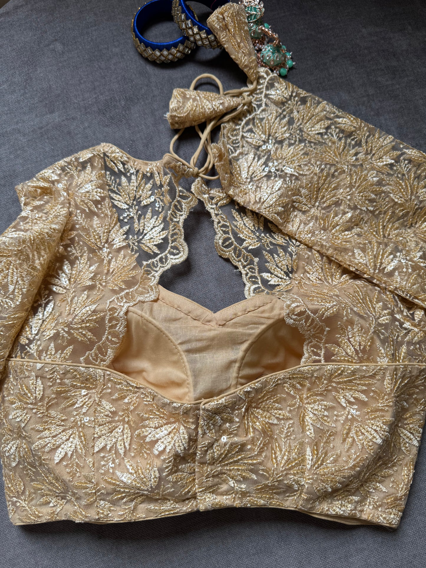 beige net long sleeves blouse