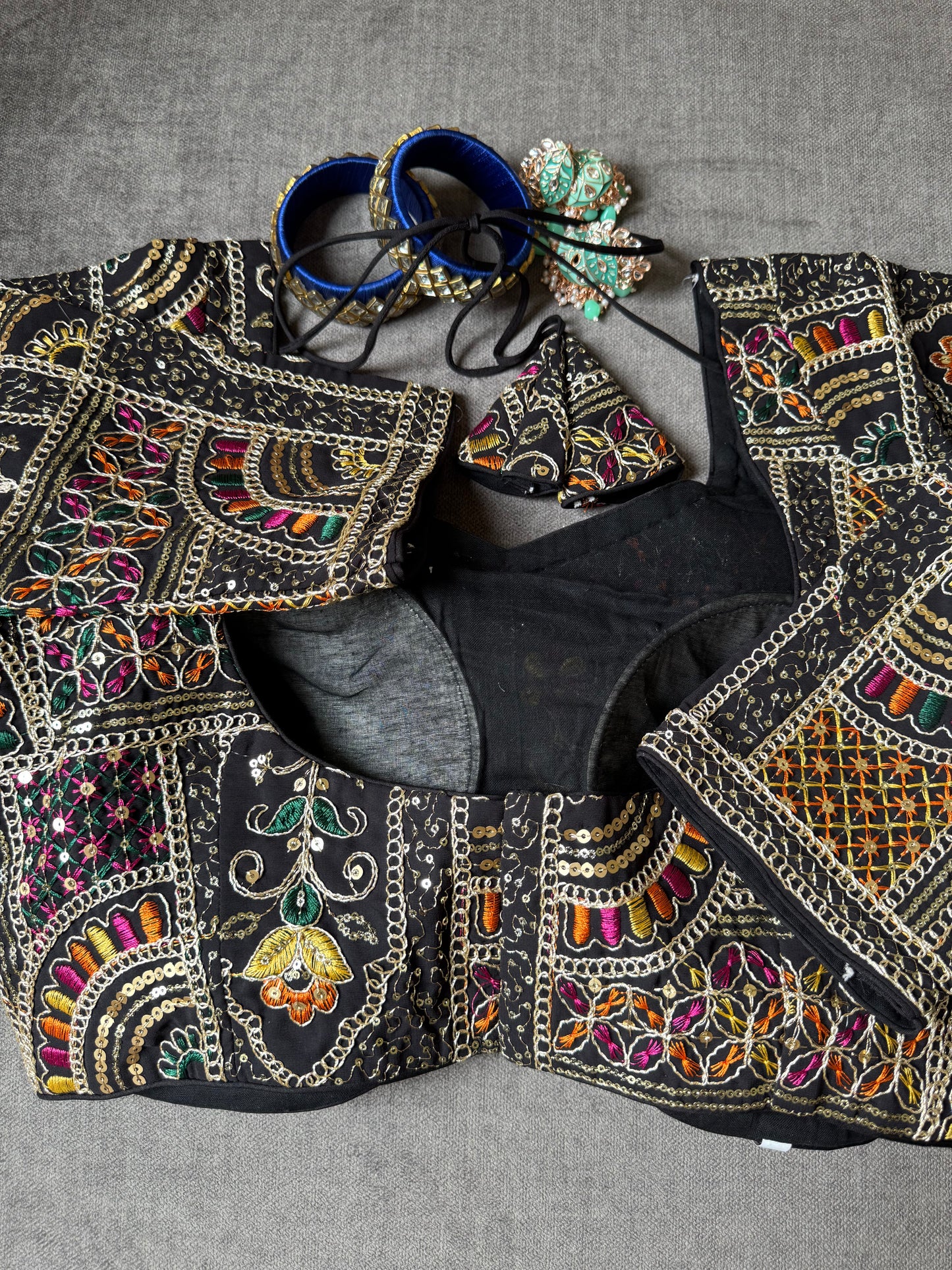 black multicolour thread embroidered georgette long-sleeves blouse