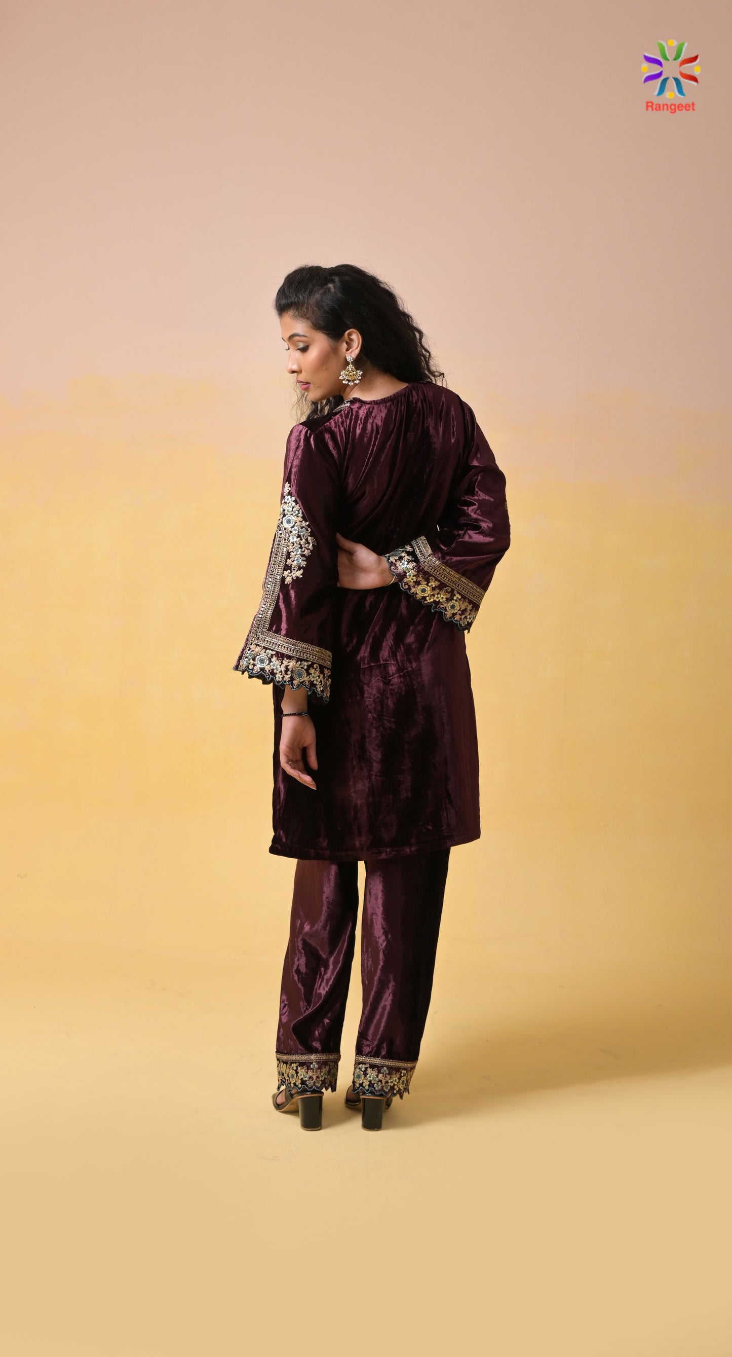 burgundy velvet embroidered suit for women | luxury designer wear for winter weddings