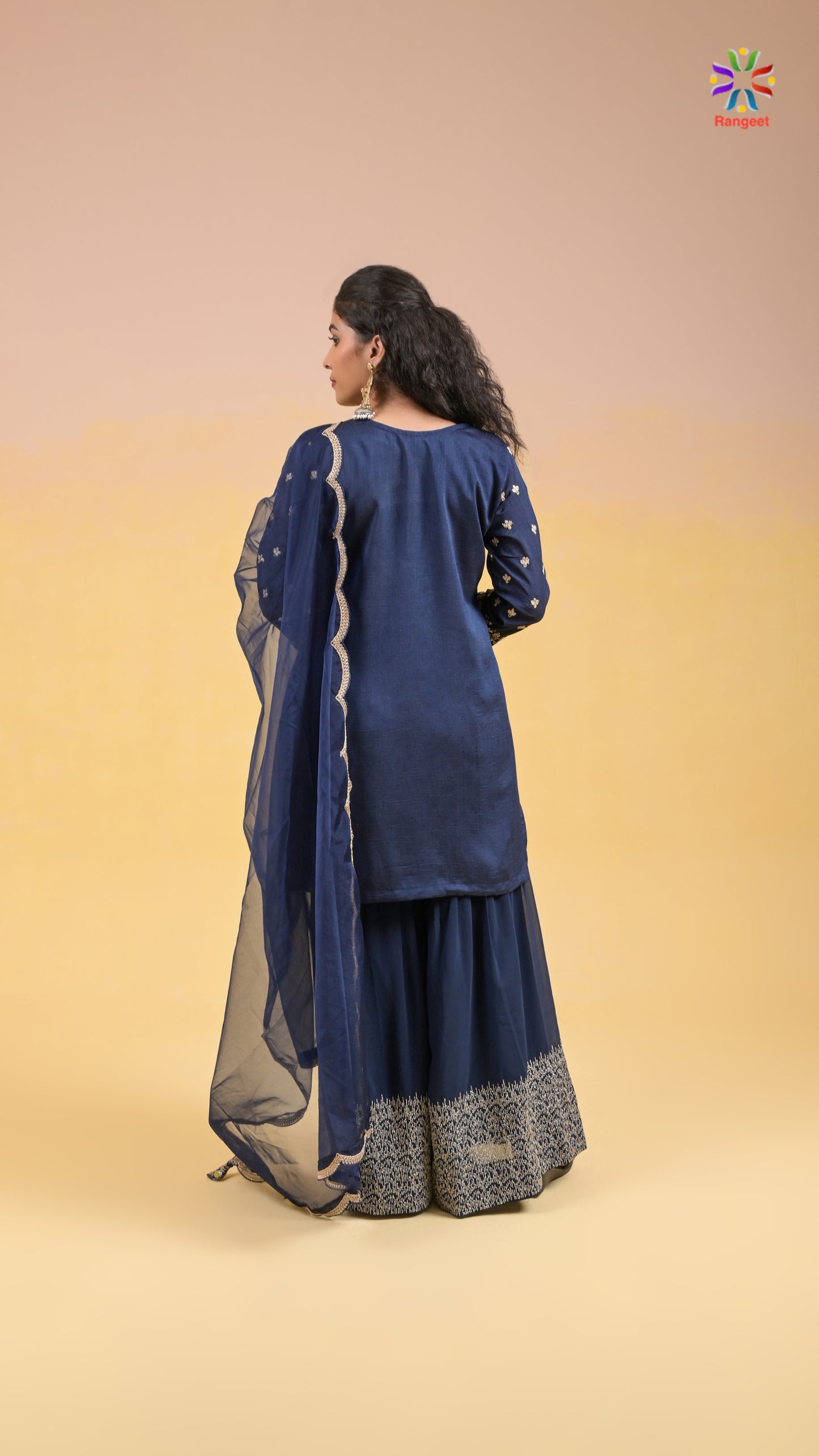 dark-blue multi threads and zari embroidered wedding and occasion wear silk sharara set with organza dupatta