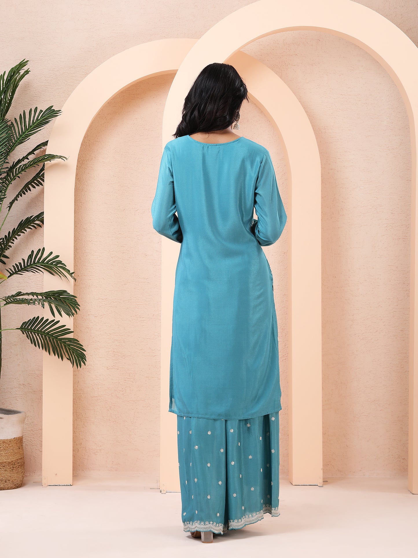teal blue, embroidered, chinnon silk palazzo suit set with dupatta