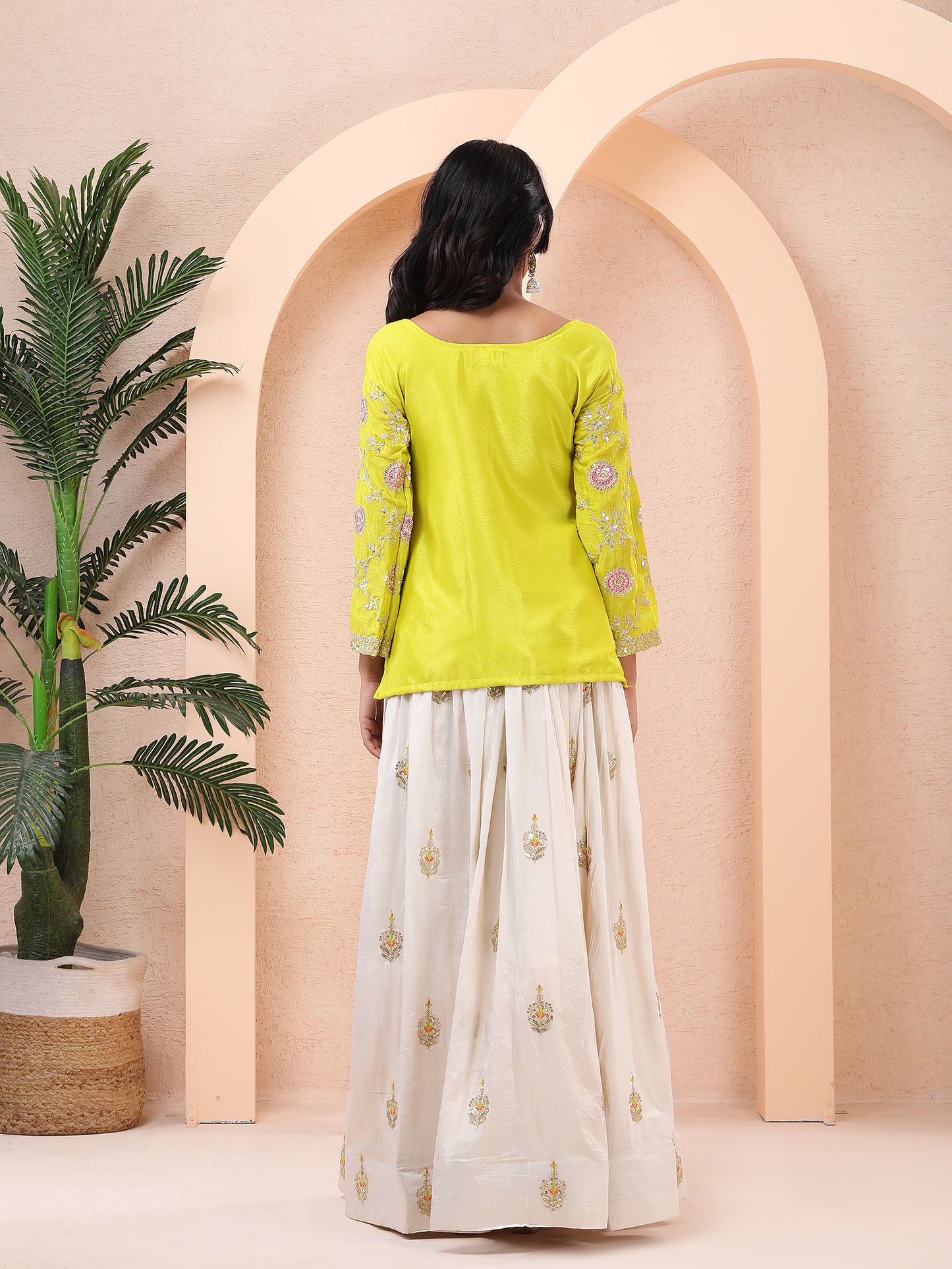 sunshine yellow embroidered short kurta with ivory tissue silk skirt and chinnon silk dupatta