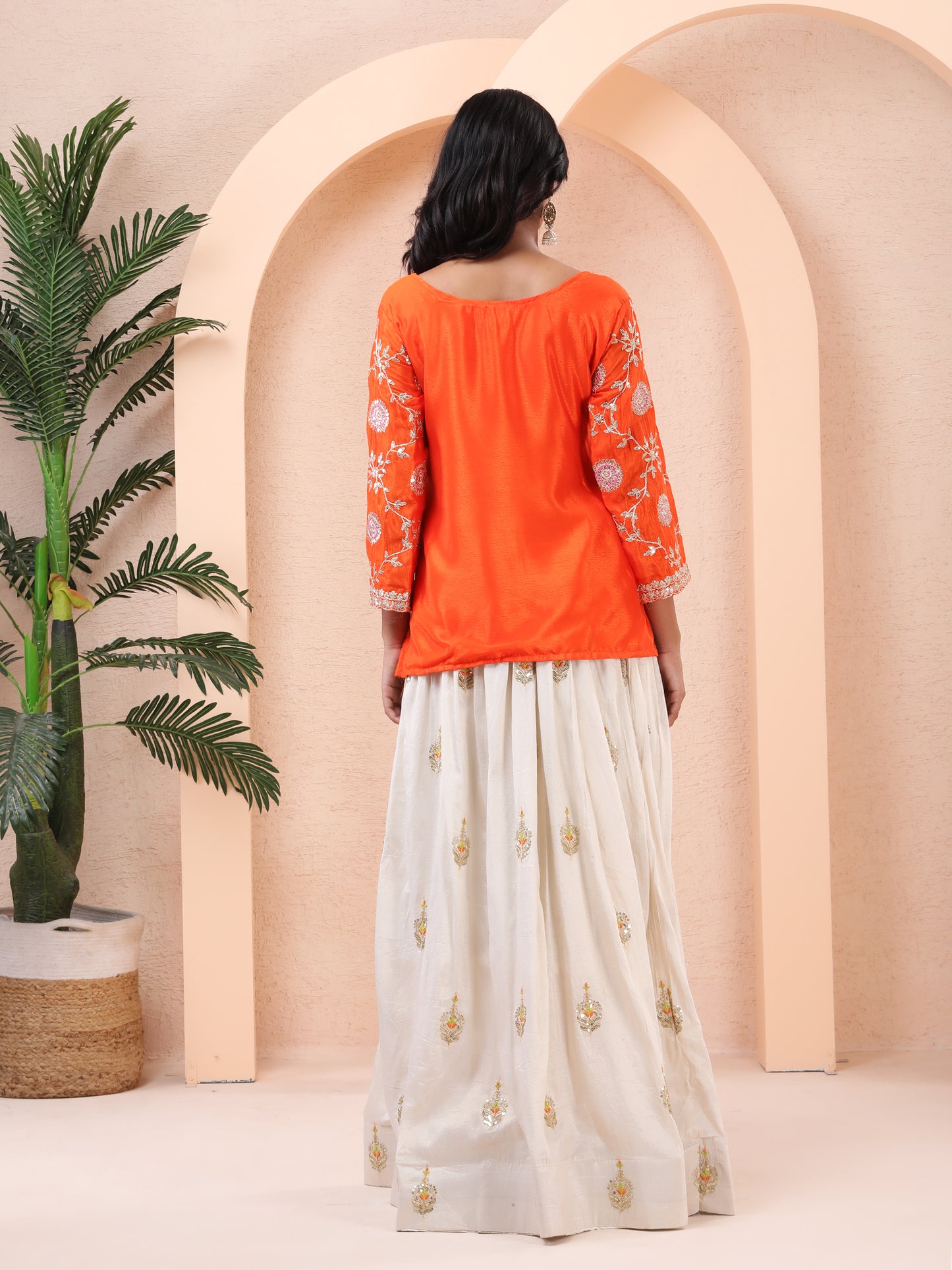 vibrant orange embroidered chinnon silk kurta with ivory tissue silk skirt and dupatta