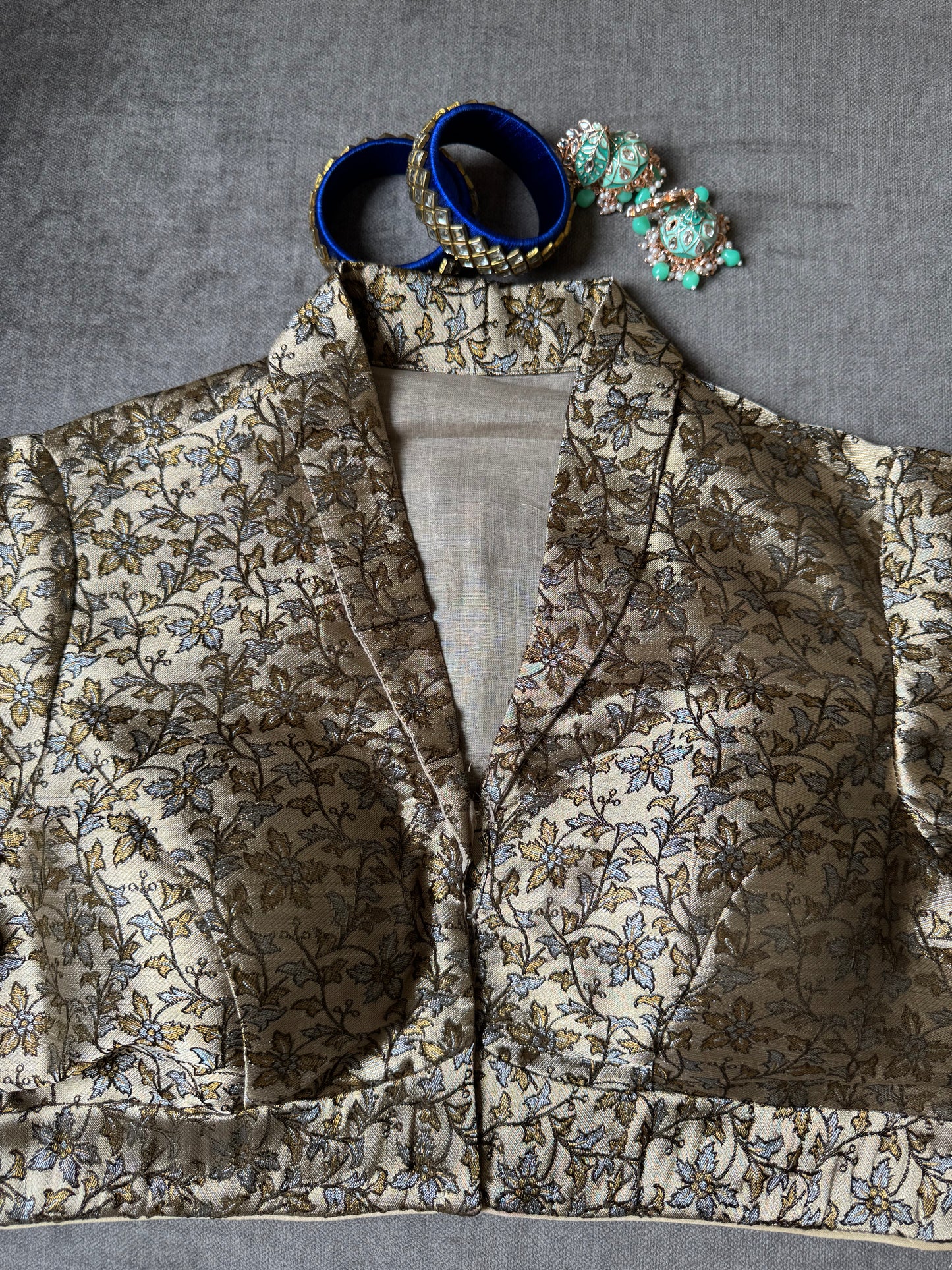 grey-golden collar neck silk blouse