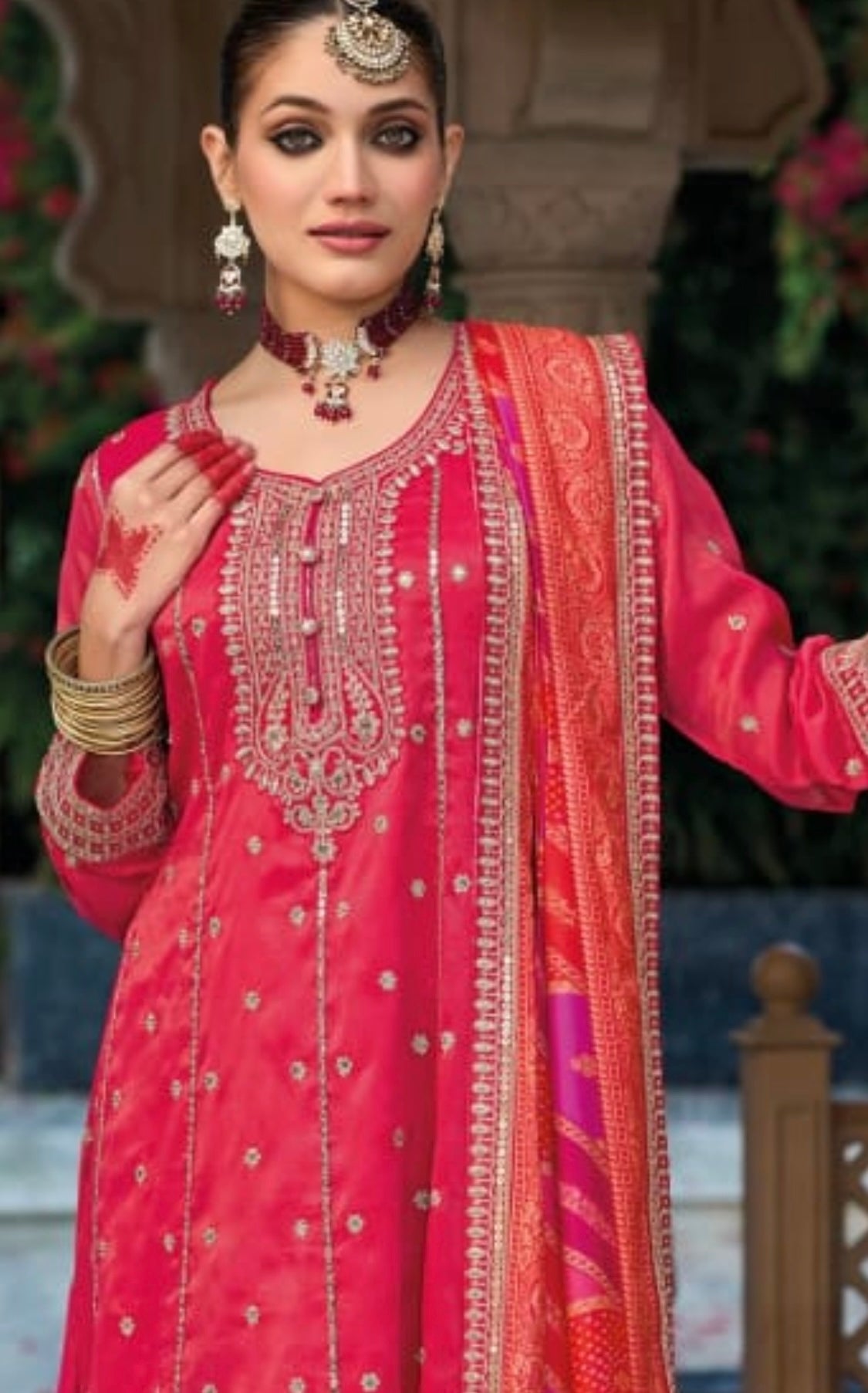 hot-pink indo western gown with zari embroidery & orange dupatta