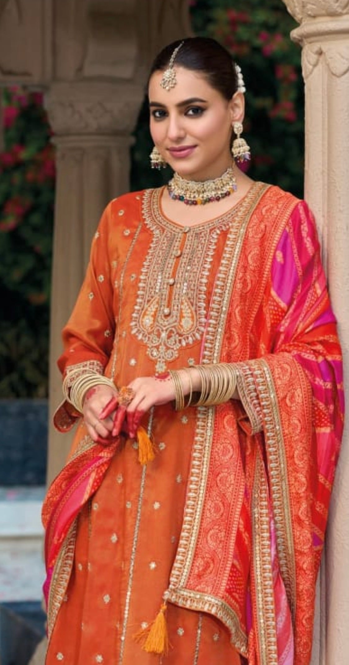 orange and pink zari embroidered tissue-silk long gown with elegant dupatta