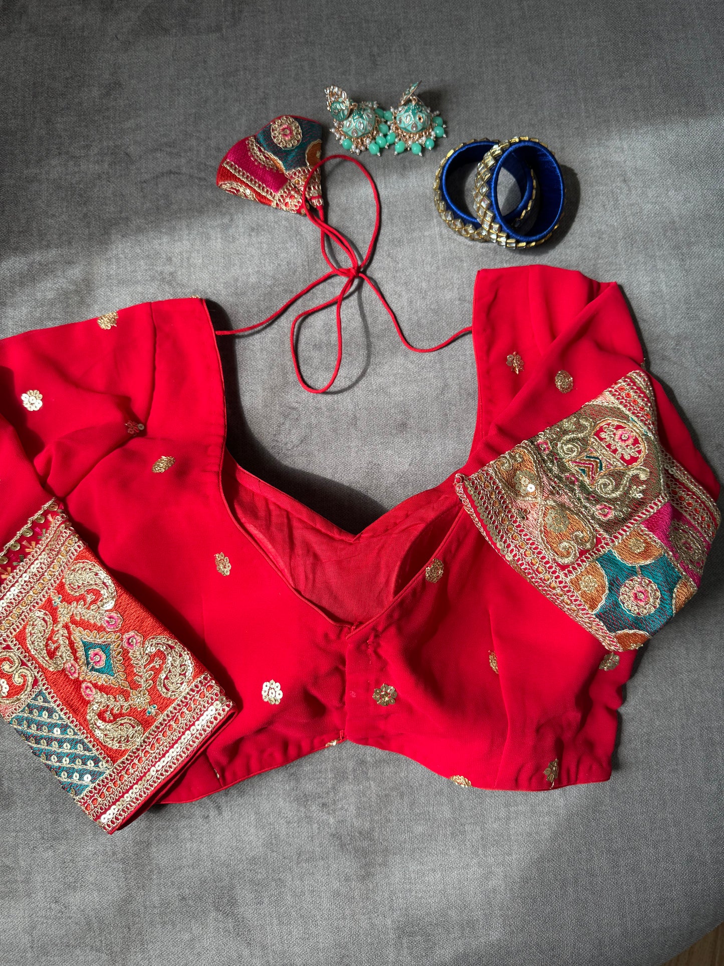red multicolour embroidered long sleeves georgette blouse for wedding