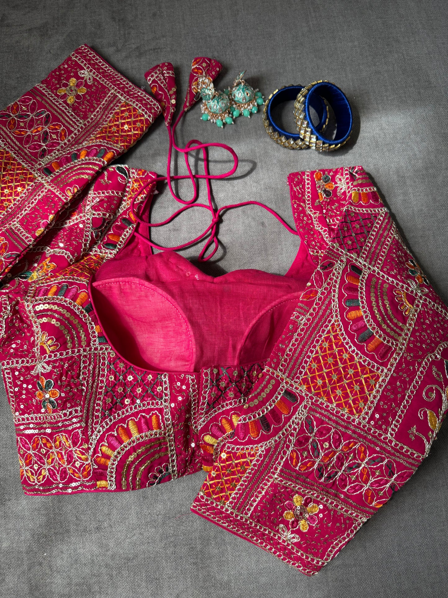 hot-pink multicolour thread embroidered georgette full-sleeves blouse for wedding
