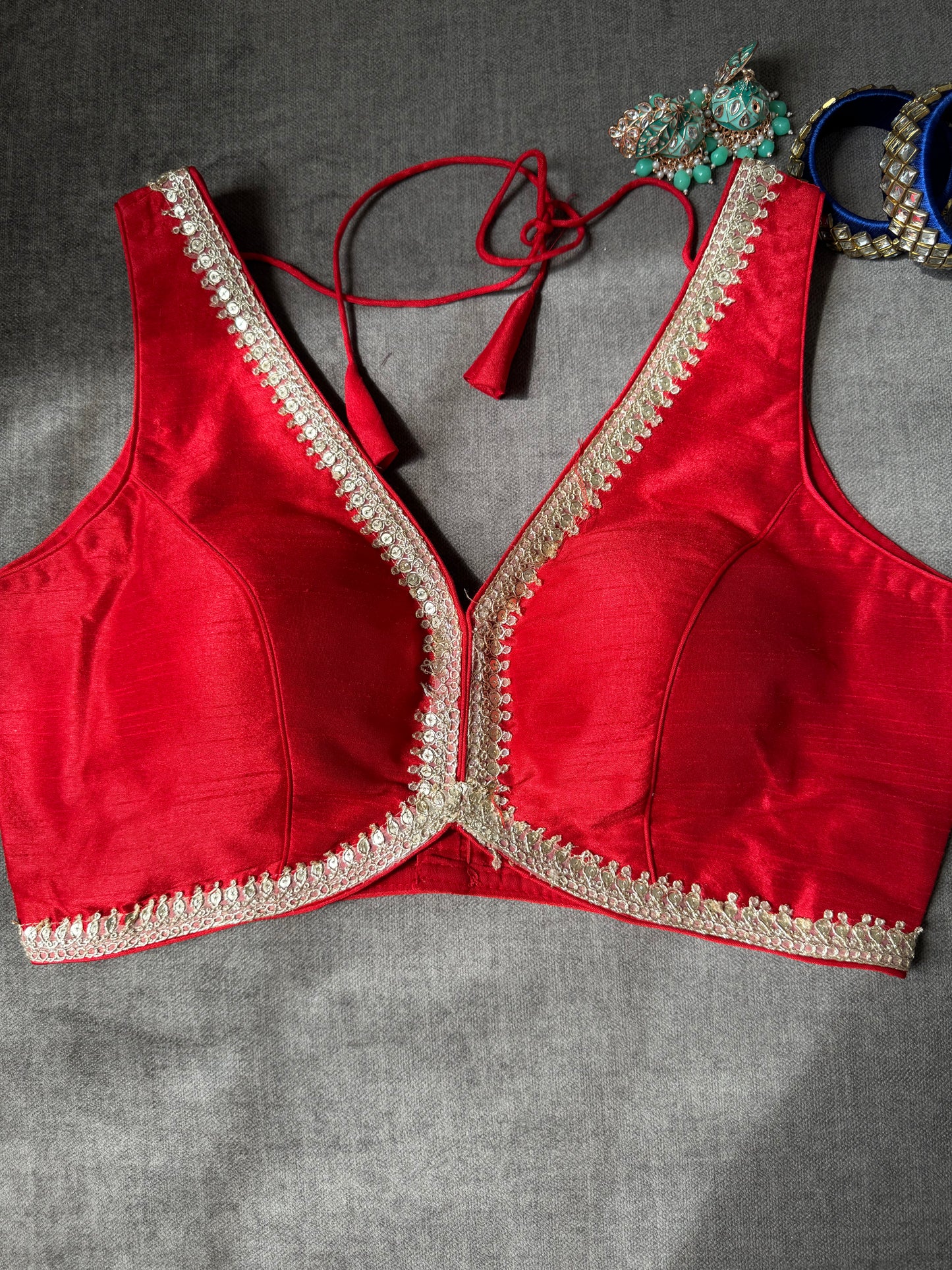 red silk blouse