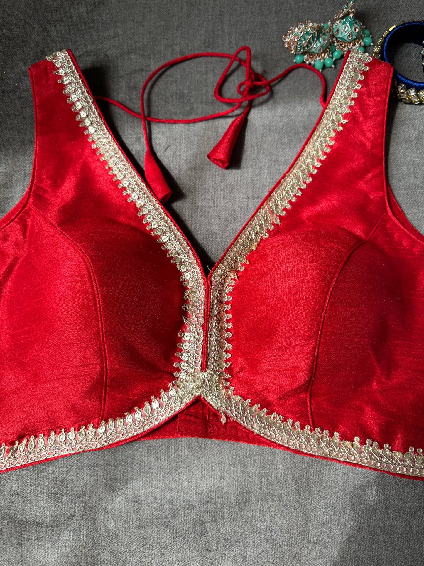red silk blouse