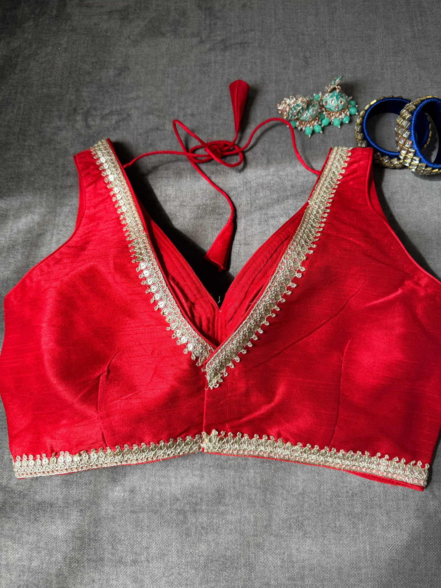red silk blouse