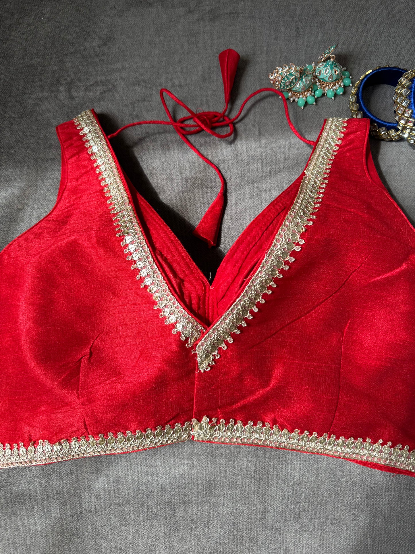 red silk blouse