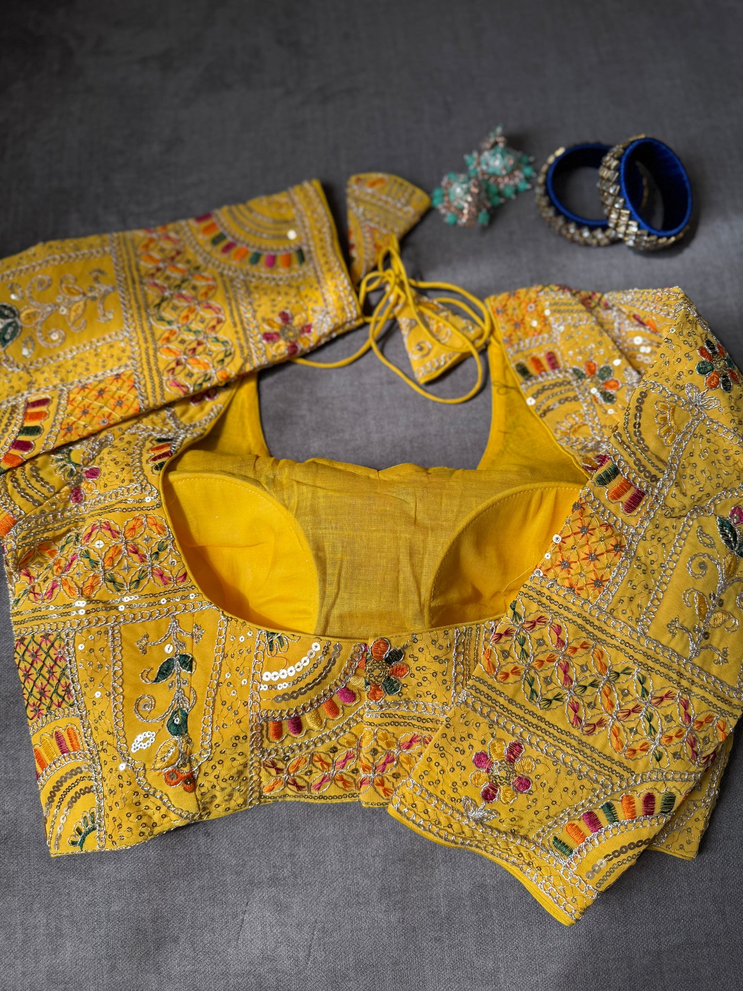yellow multicolour embroidered georgette long sleeves blouse for wedding.