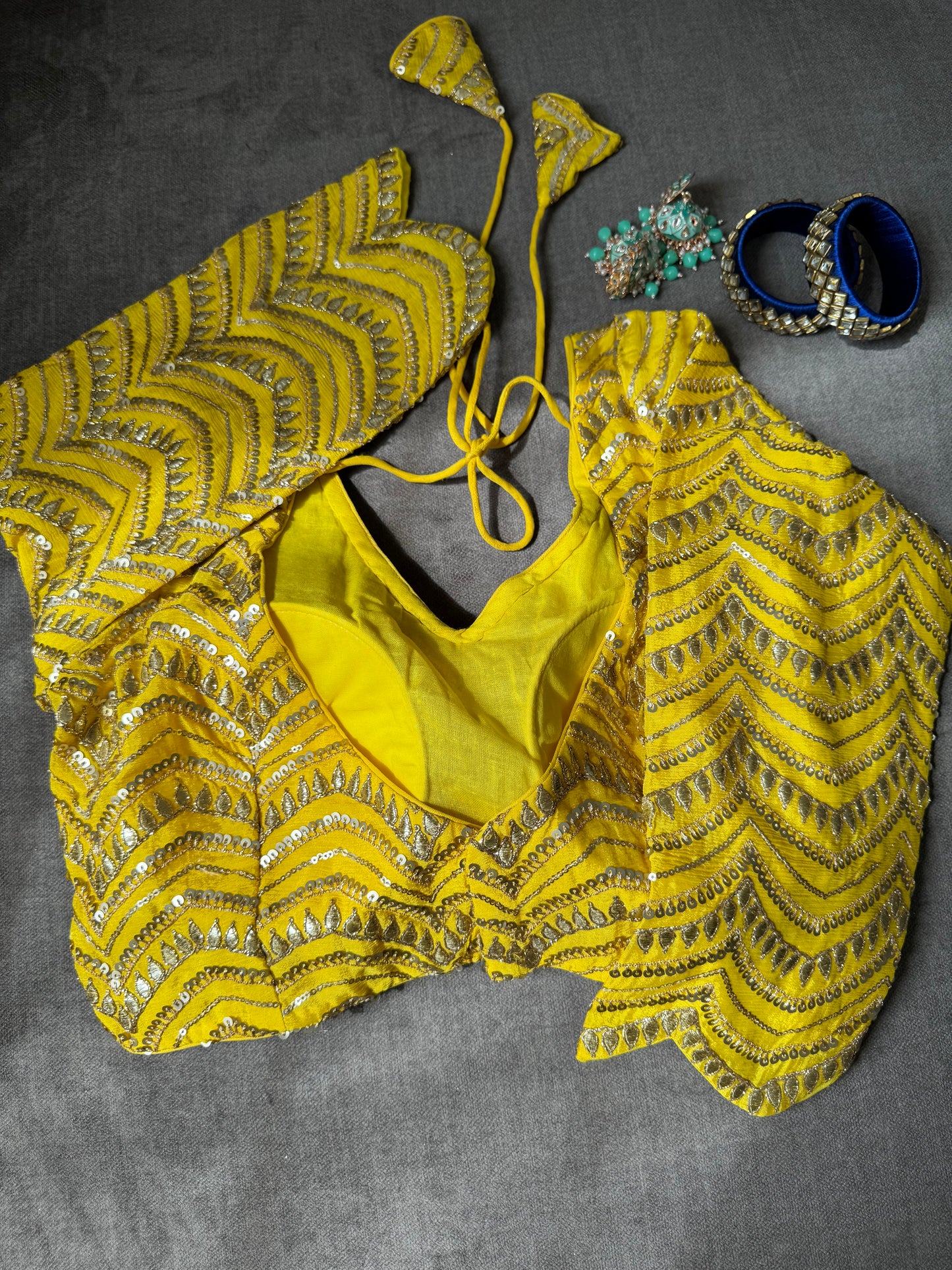 bright yellow sequins embroidered chinnon silk long sleeves blouse for wedding