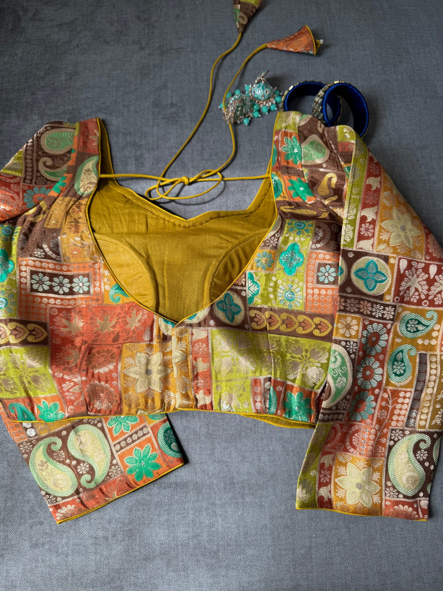 yellow multicolour viscose silk long sleeves blouse for wedding