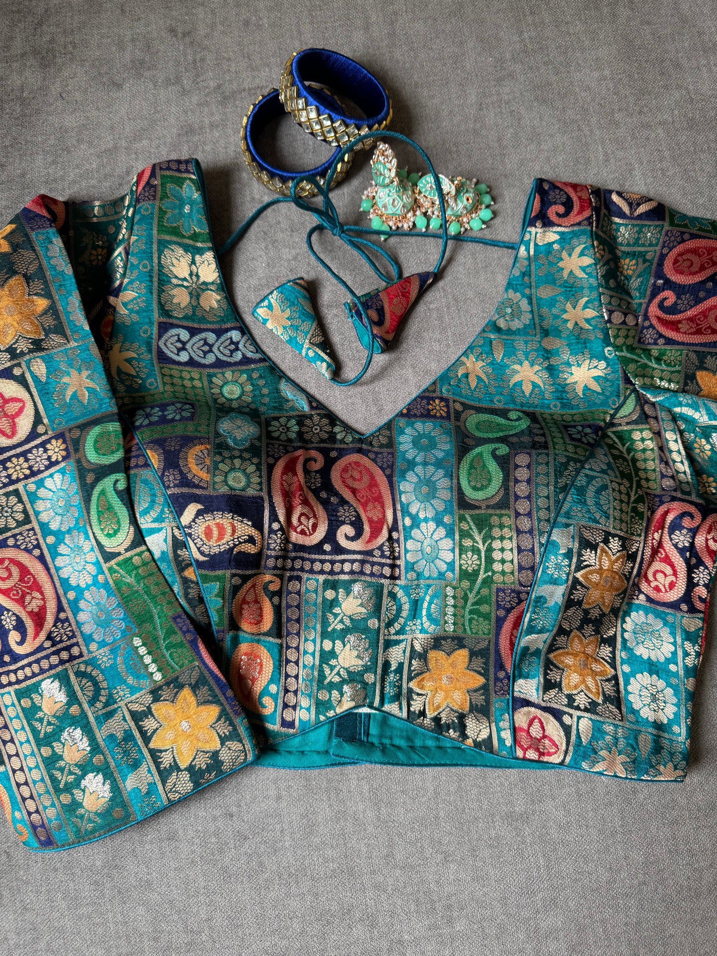 teal blue multicolour viscose silk long sleeves blouse for wedding