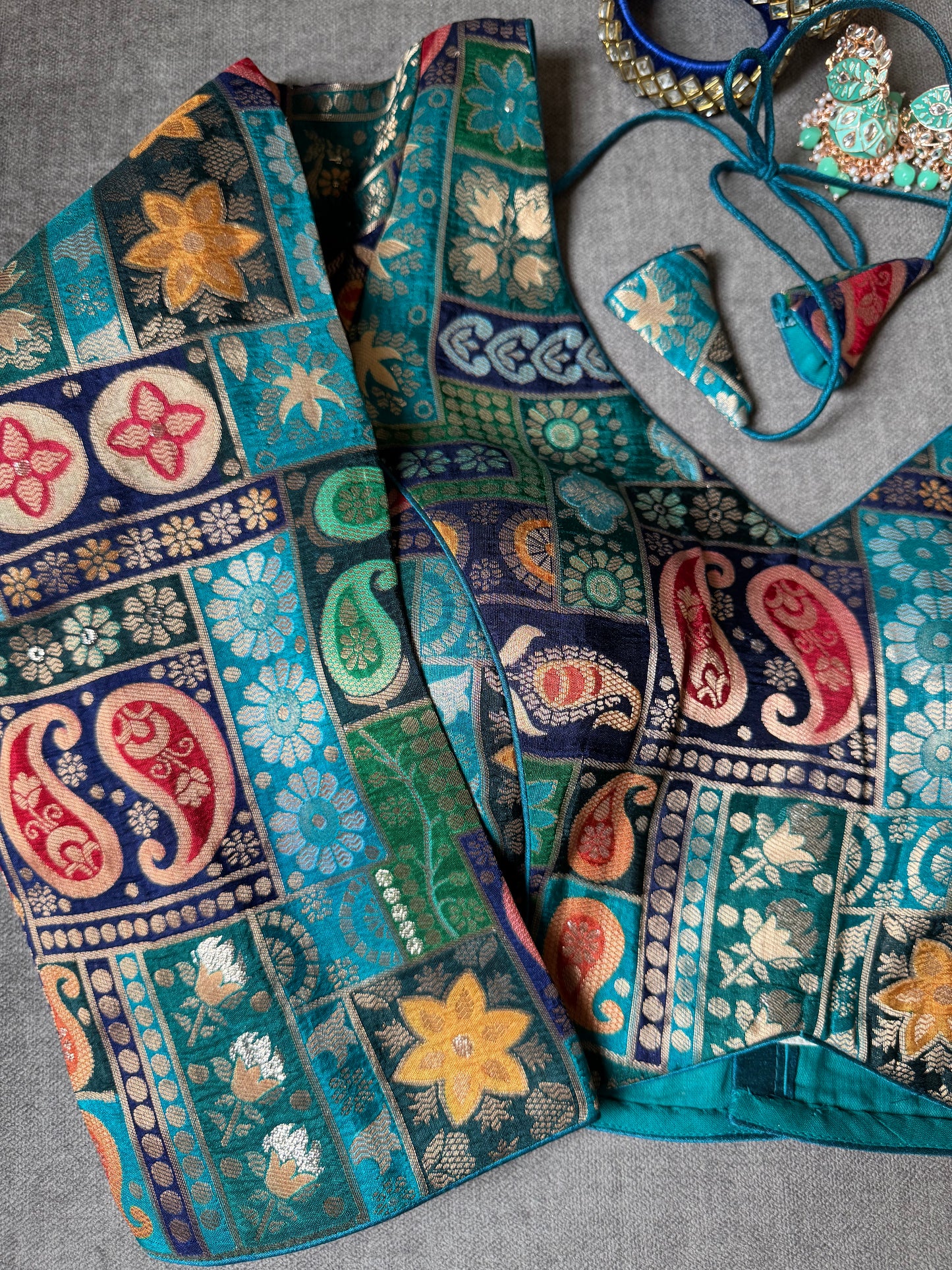 teal blue multicolour viscose silk long sleeves blouse for wedding