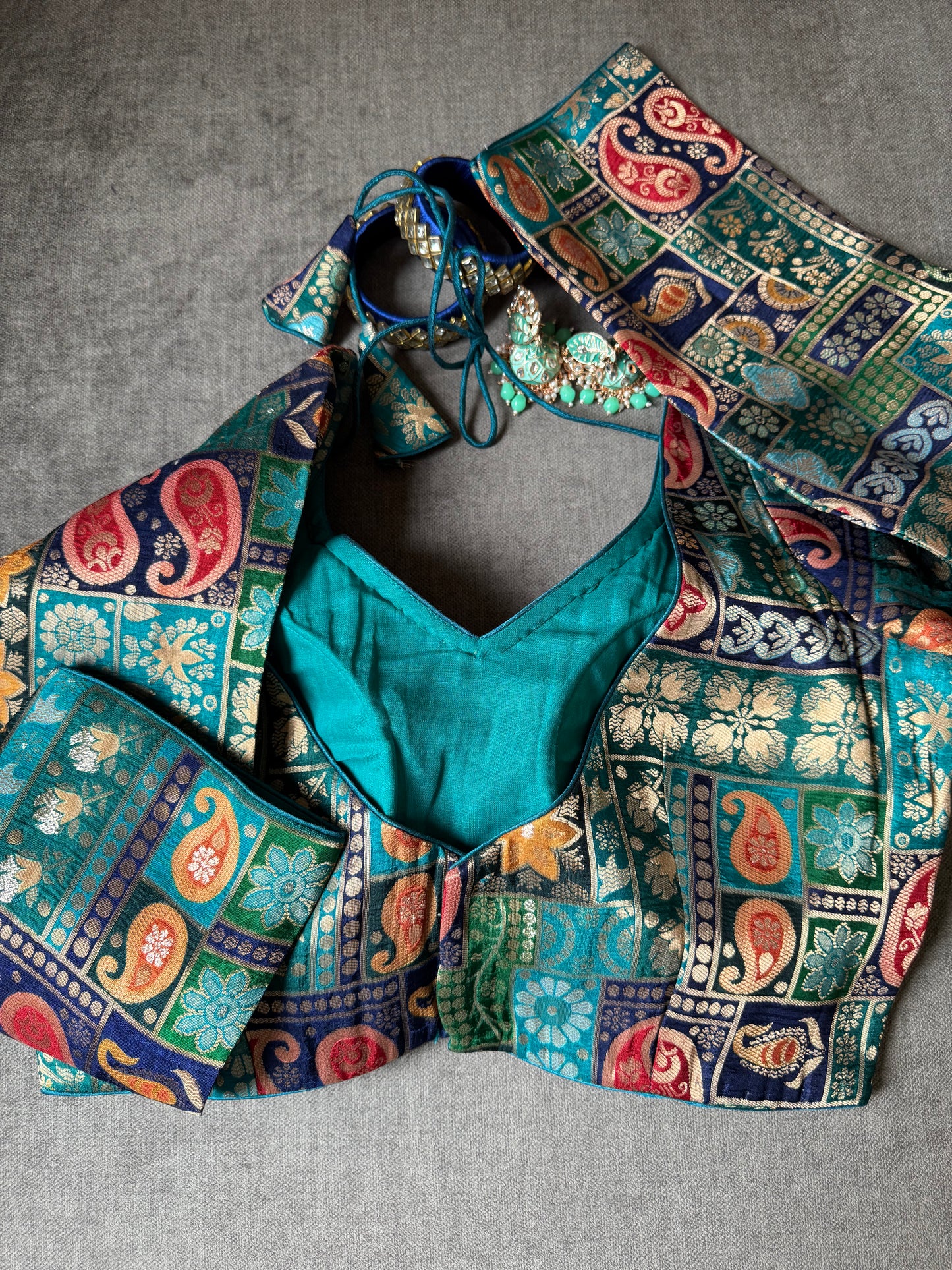 teal blue multicolour viscose silk long sleeves blouse for wedding