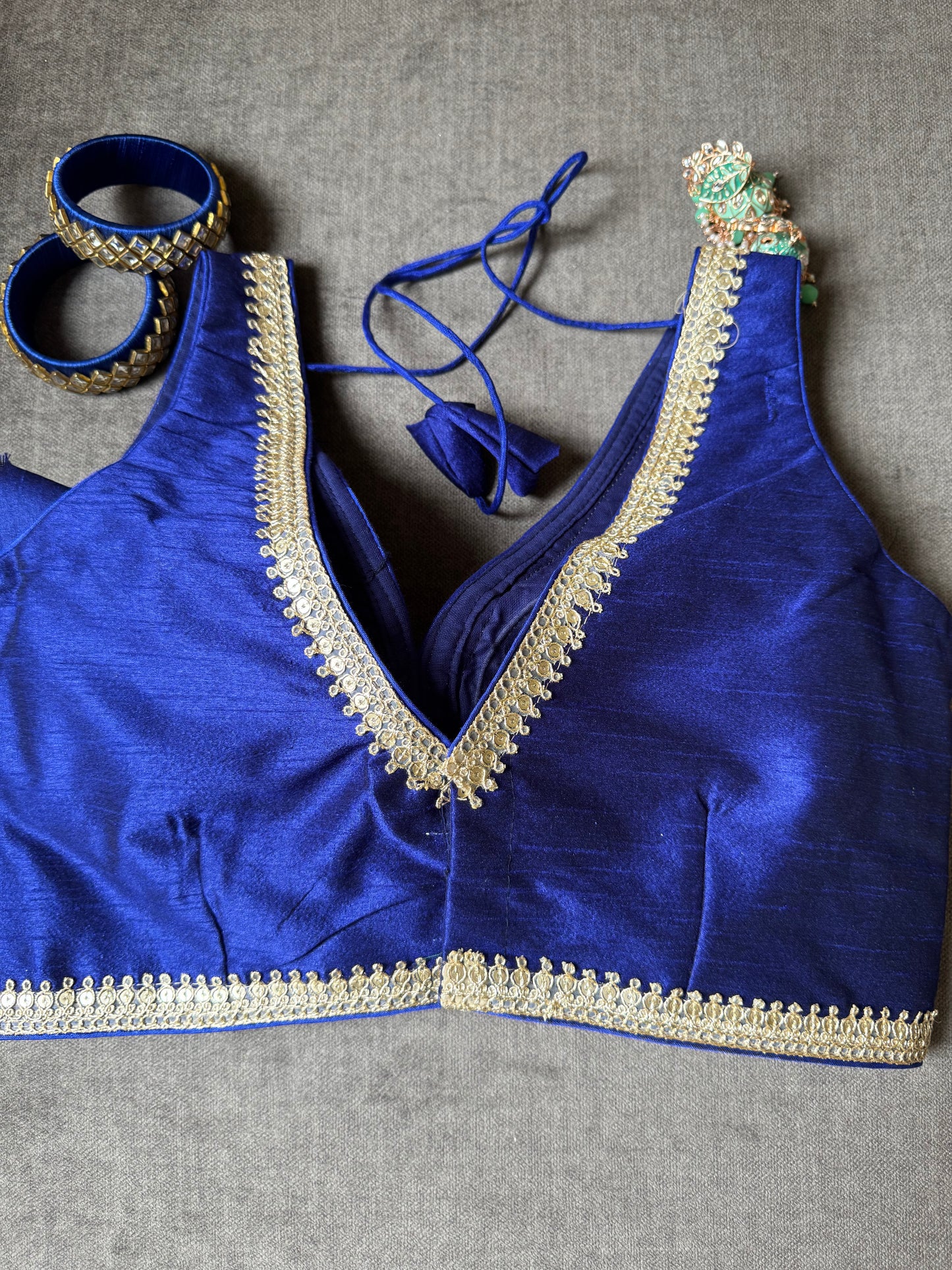 royal-blue silk blouse