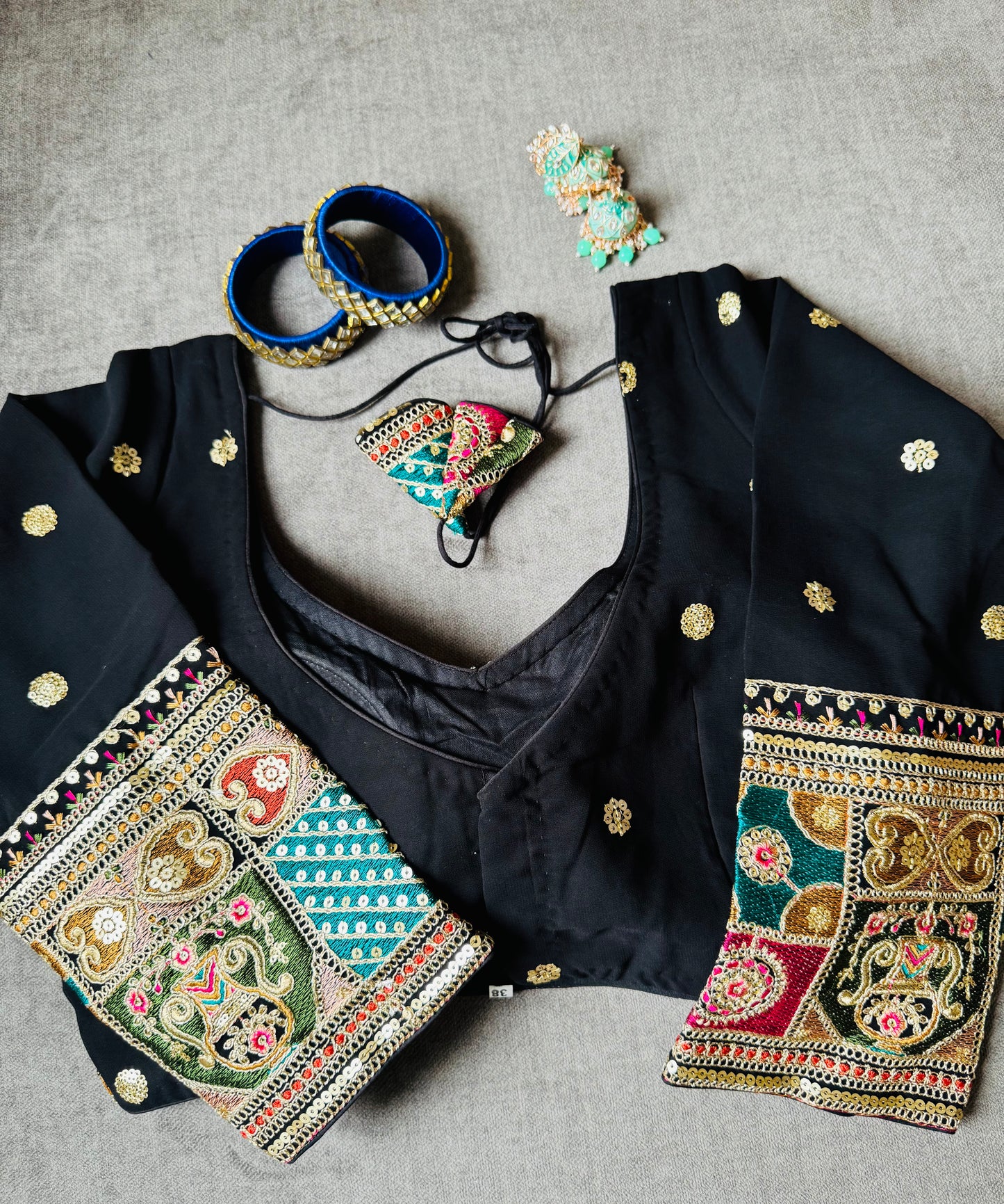 black multicolour embroidered long-sleeves georgette blouse for wedding