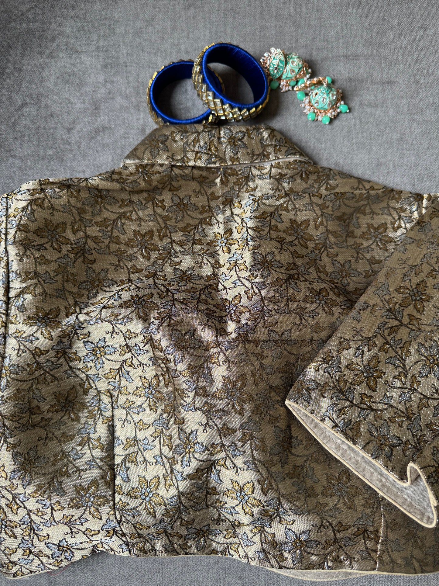 grey-golden collar neck silk blouse