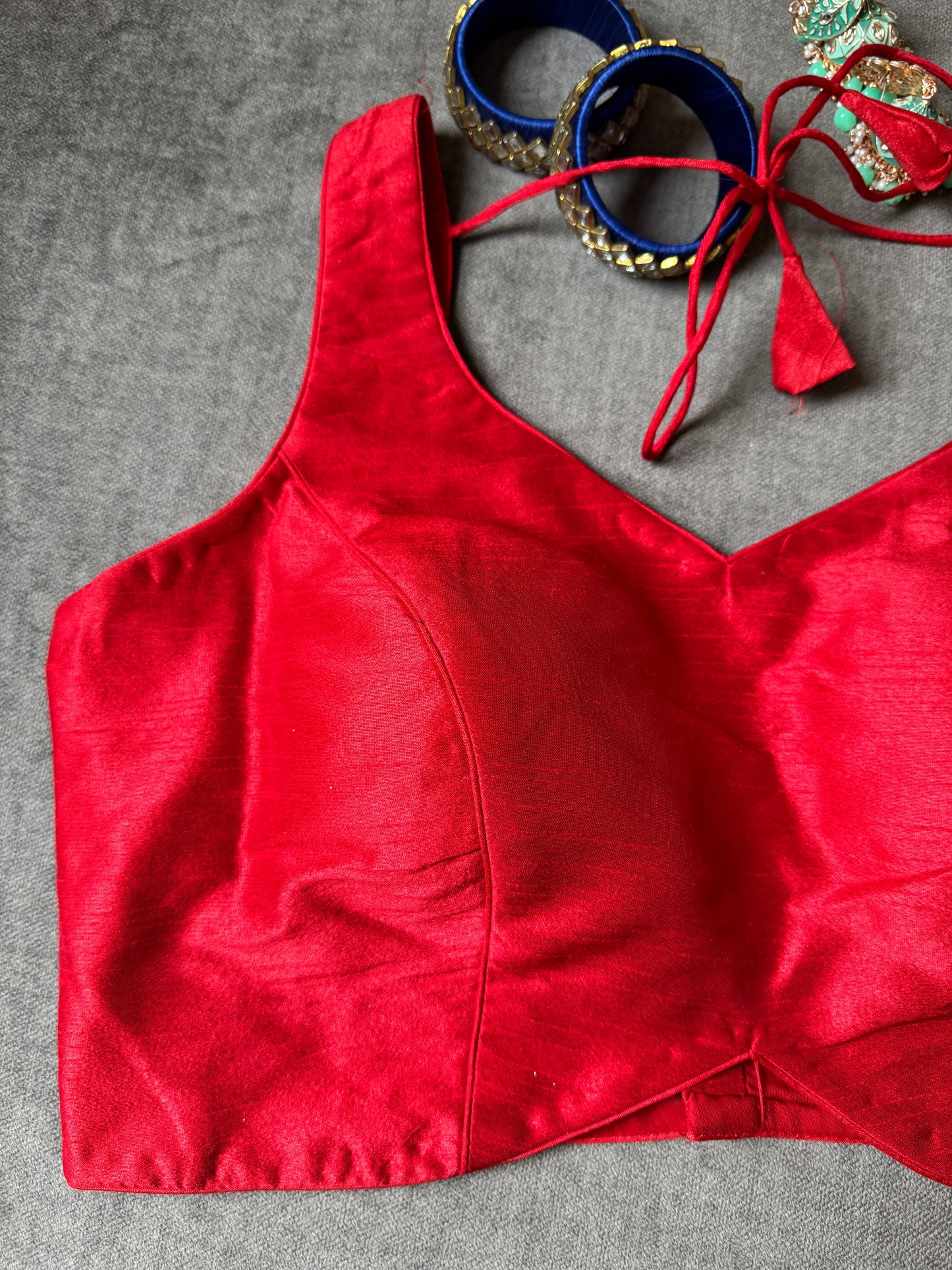 red silk blouse