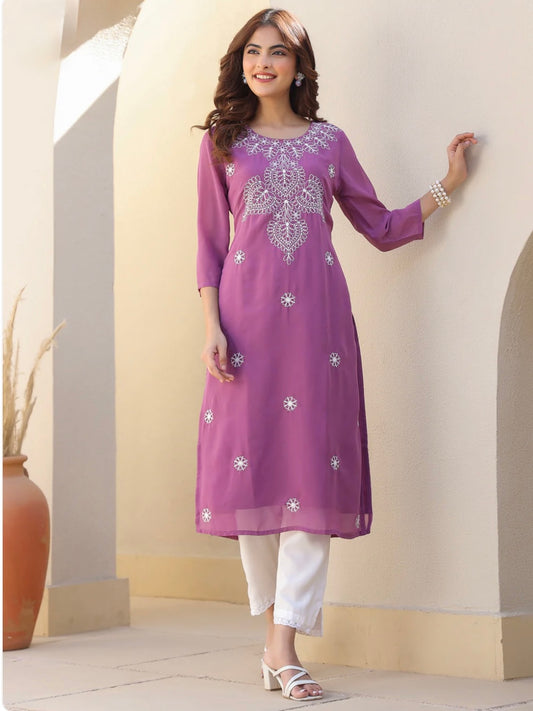 Mauve-purple Embroidered Georgette Straight Kurta Only