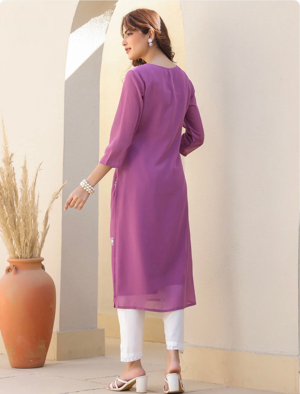 mauve-purple embroidered georgette straight kurta only