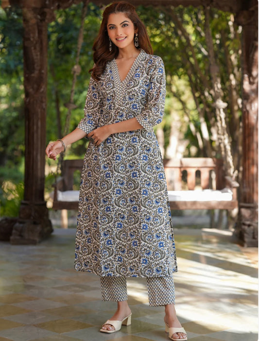 Off-White and Blue Sanganeri Print Pure Cotton Kurta Pants Set