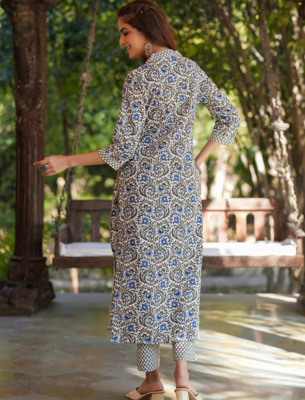 off-white and blue sanganeri print pure cotton kurta pants set