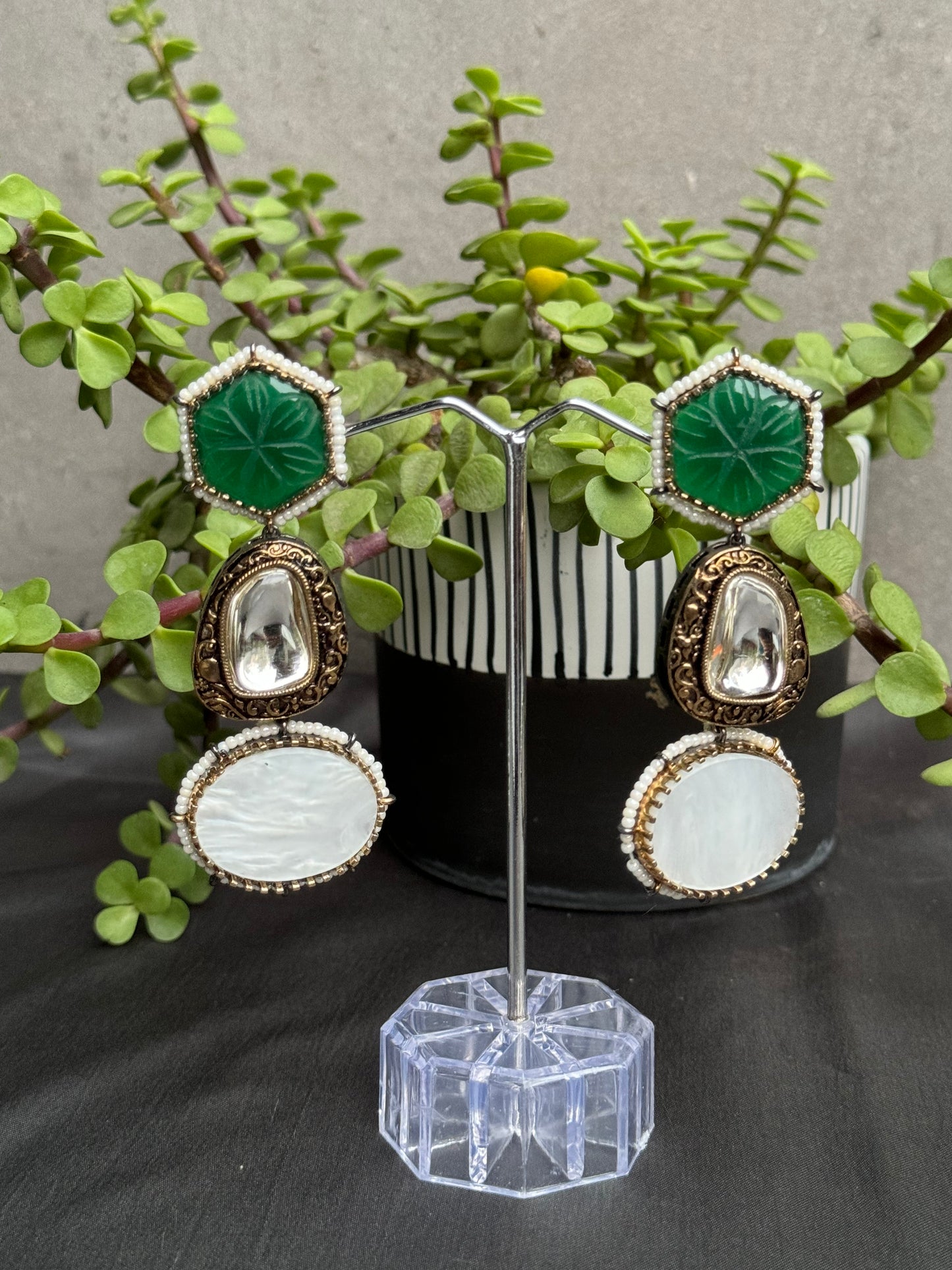 uncut polki diamond with white and green stones embedded long earrings for women