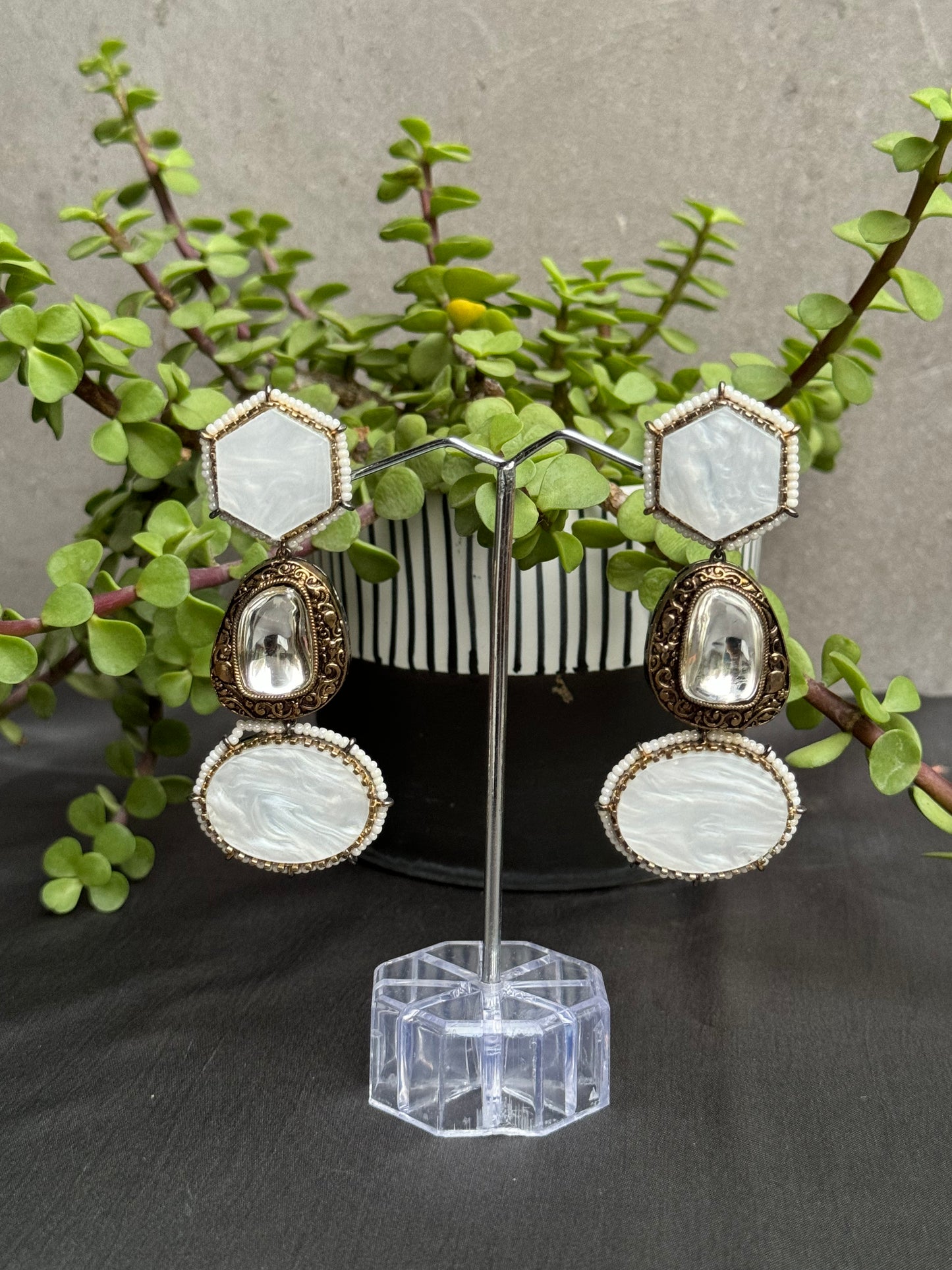 uncut polki diamond with white stones embedded long earrings for women