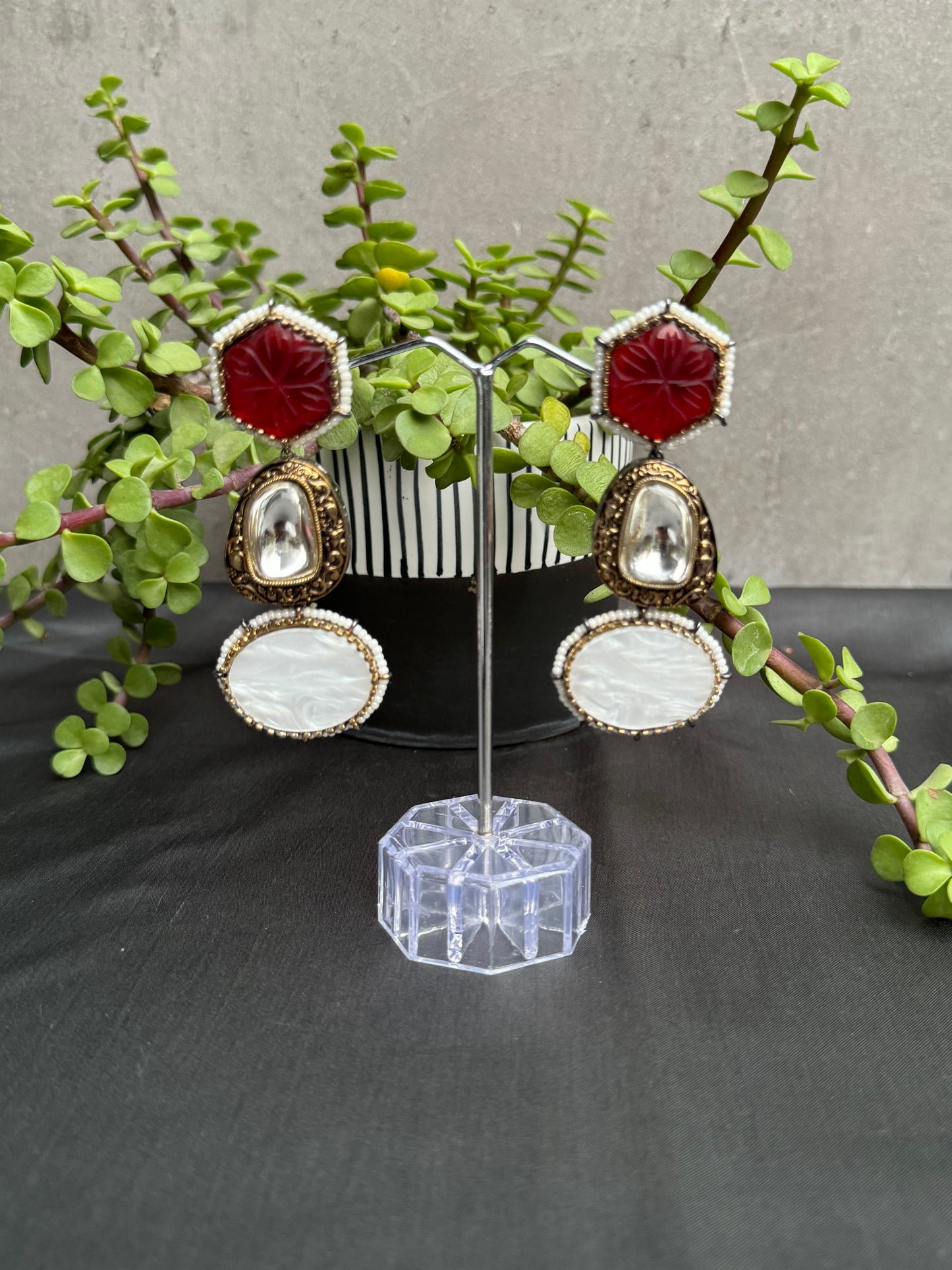 uncut polki diamond with red and white stone long earrings for women