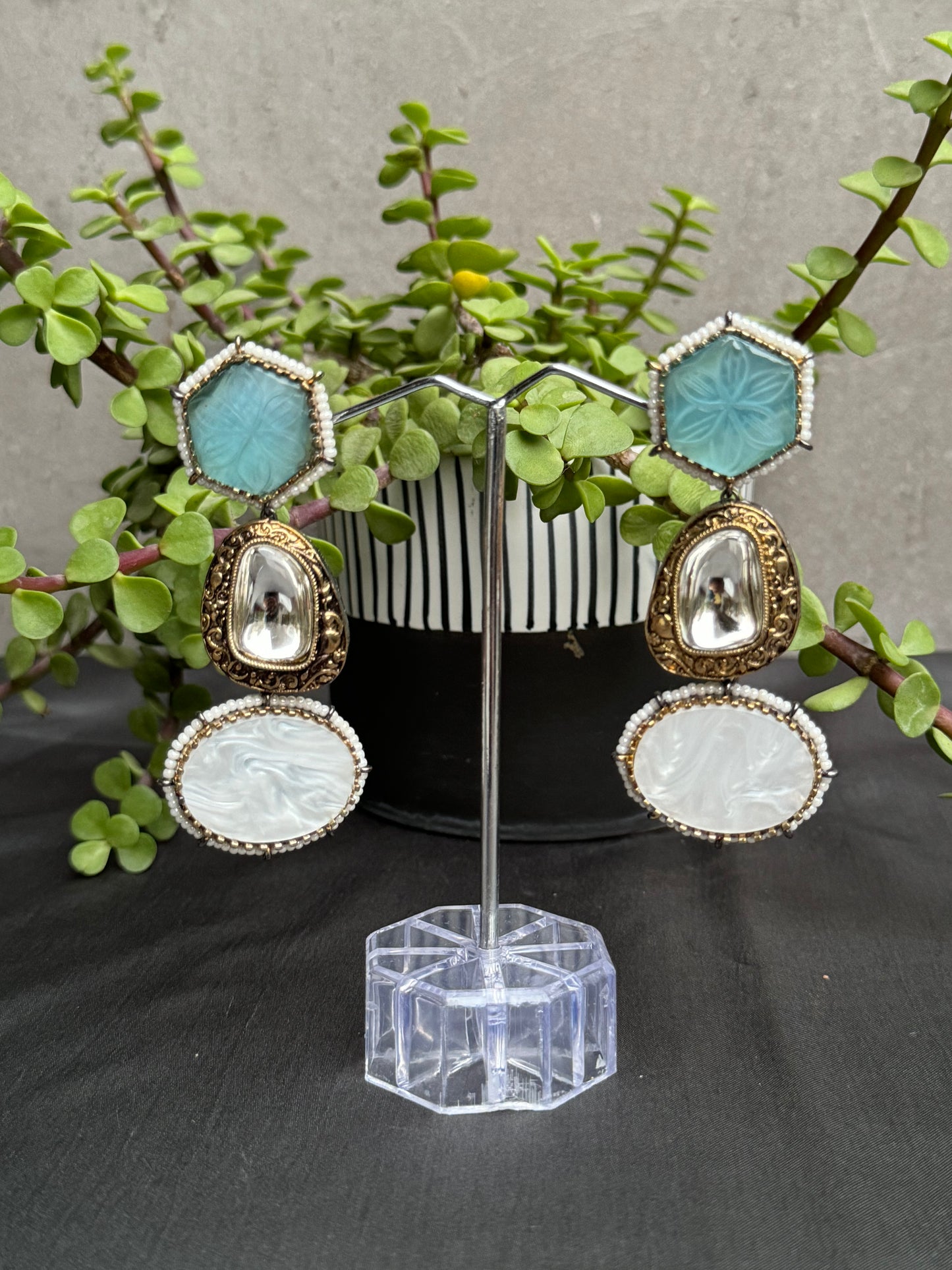 uncut polki diamond with white and firozah stones embedded long earrings