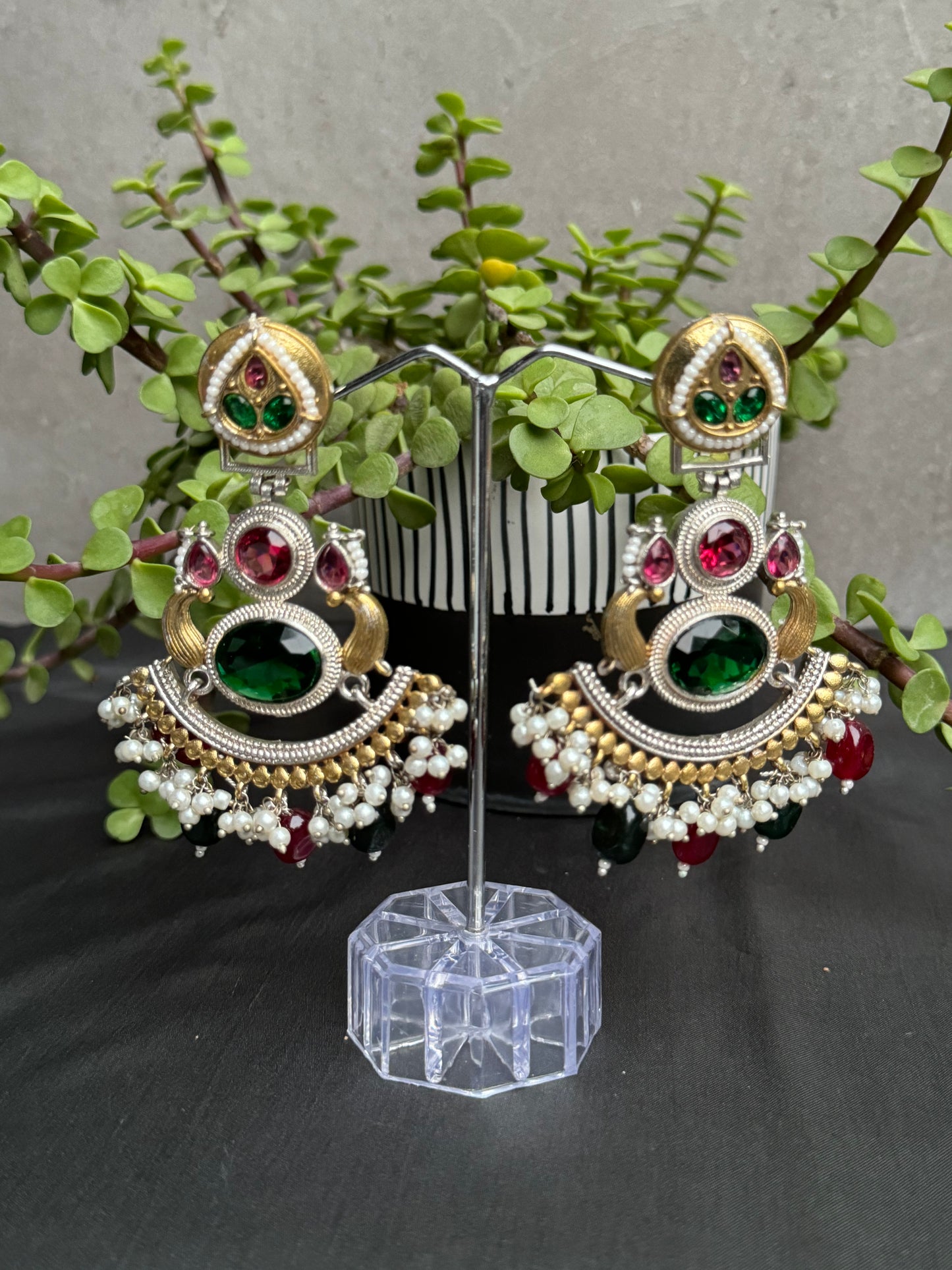 dual-tone, semi-precious emerald and ruby embedded with pearl beads long earrings