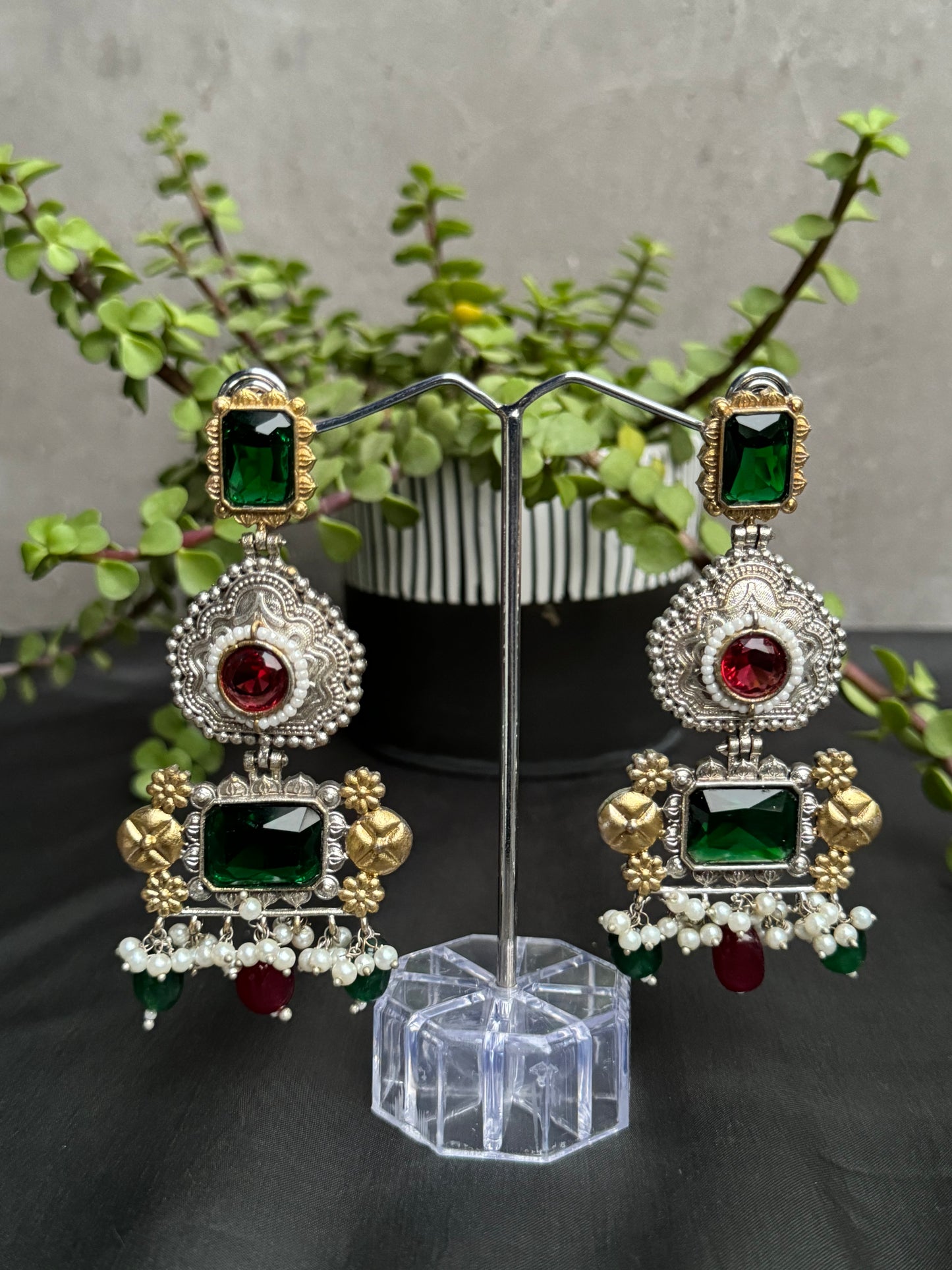 dual-tone oxidised with semi-precious emerald and ruby embedded long earrings for women