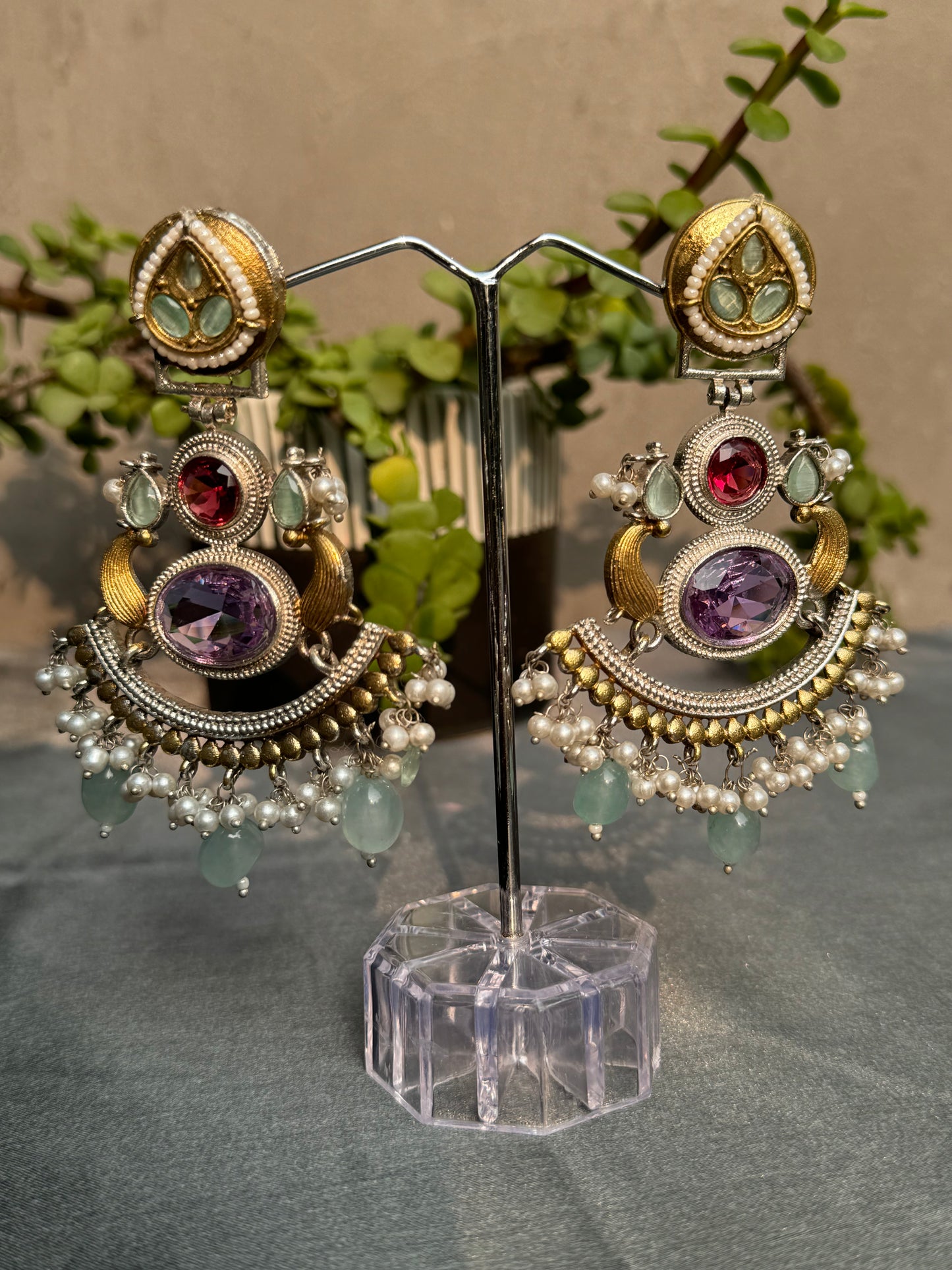 dual-tone oxidised multicolour stones embedded with pearl beads long earrings