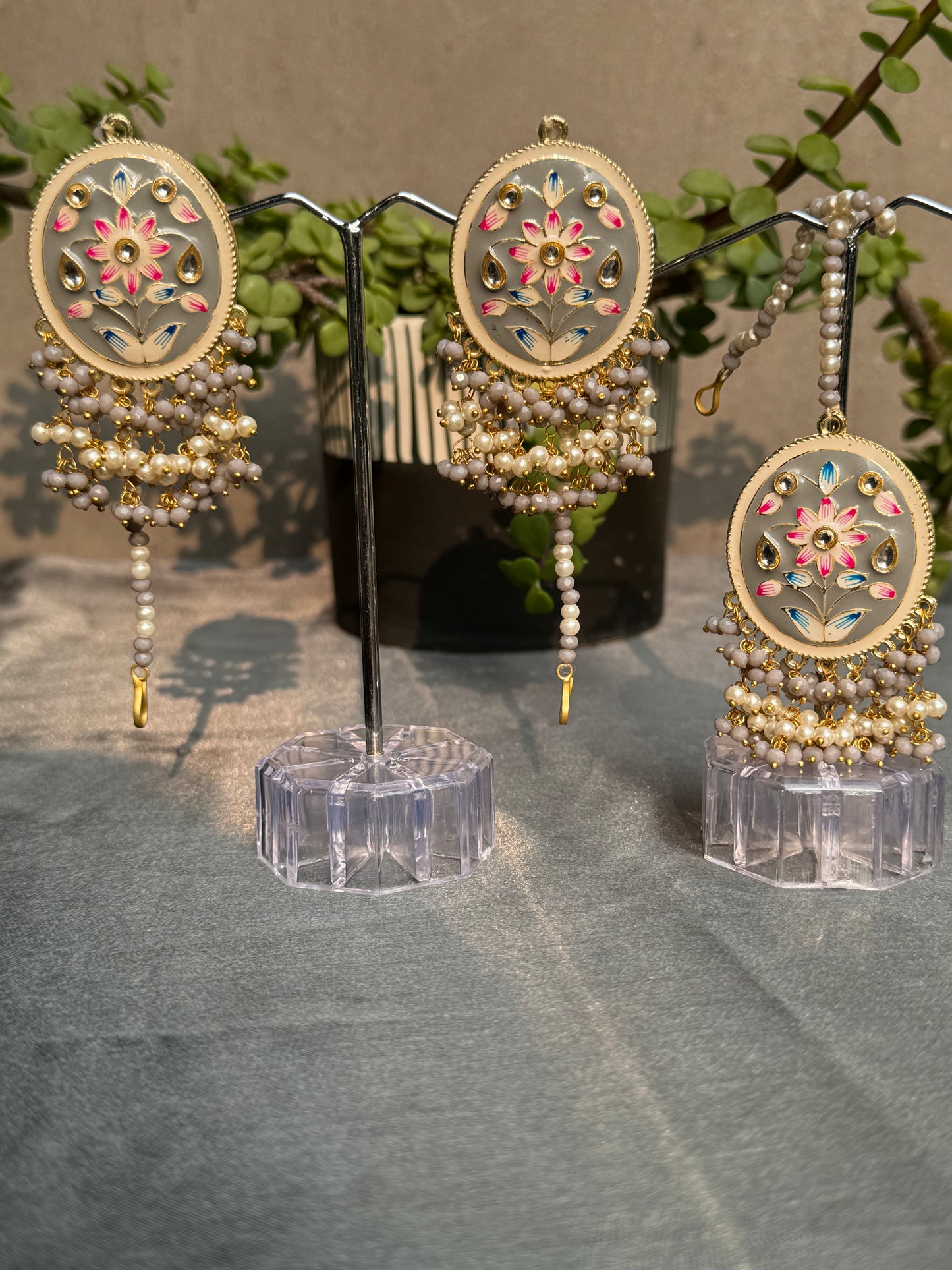 minakari with pearl beads earrings with mang-tika traditional jewelry