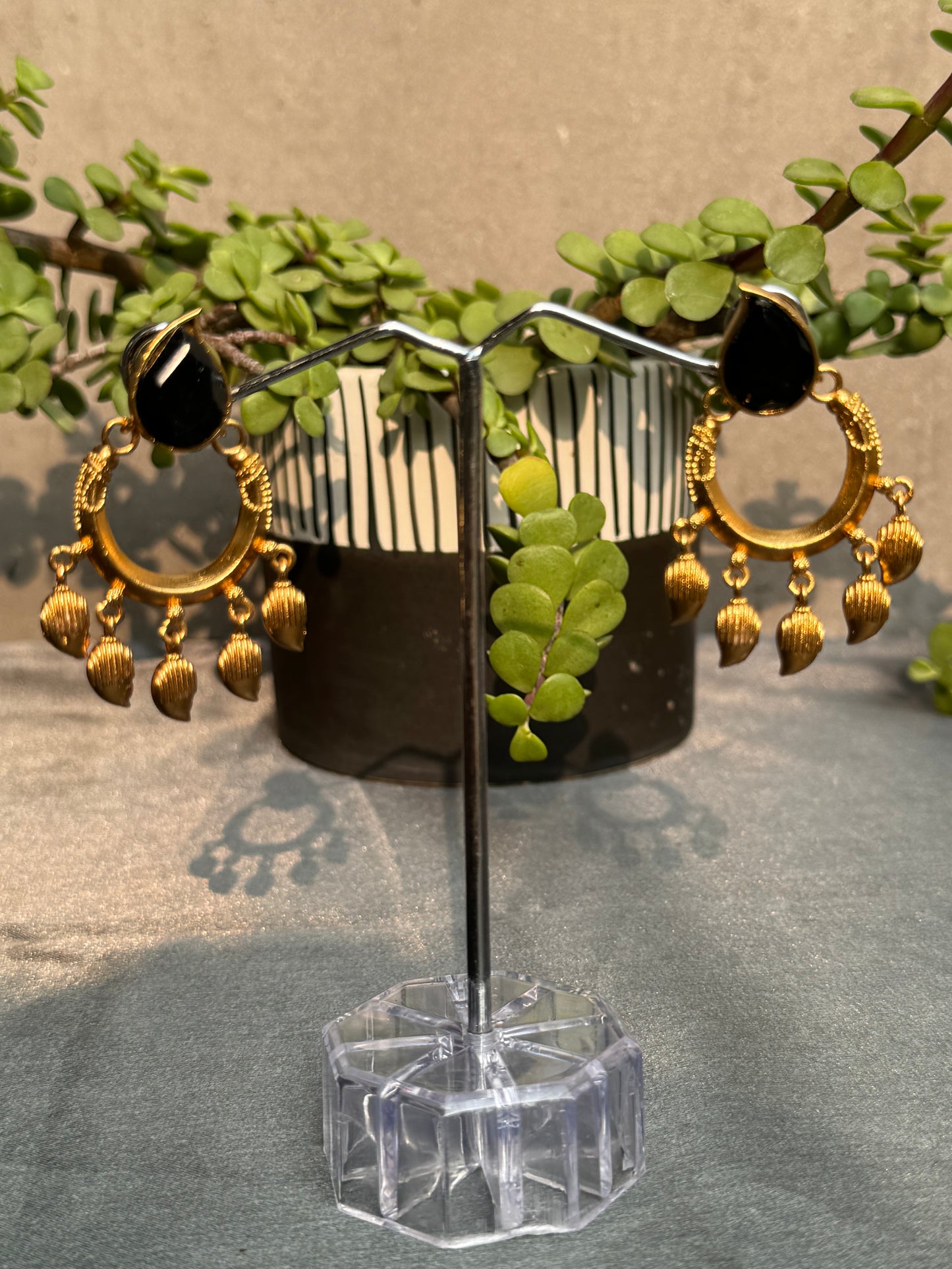 semi-precious bottle green/black stone embedded chandbali style golden earrings
