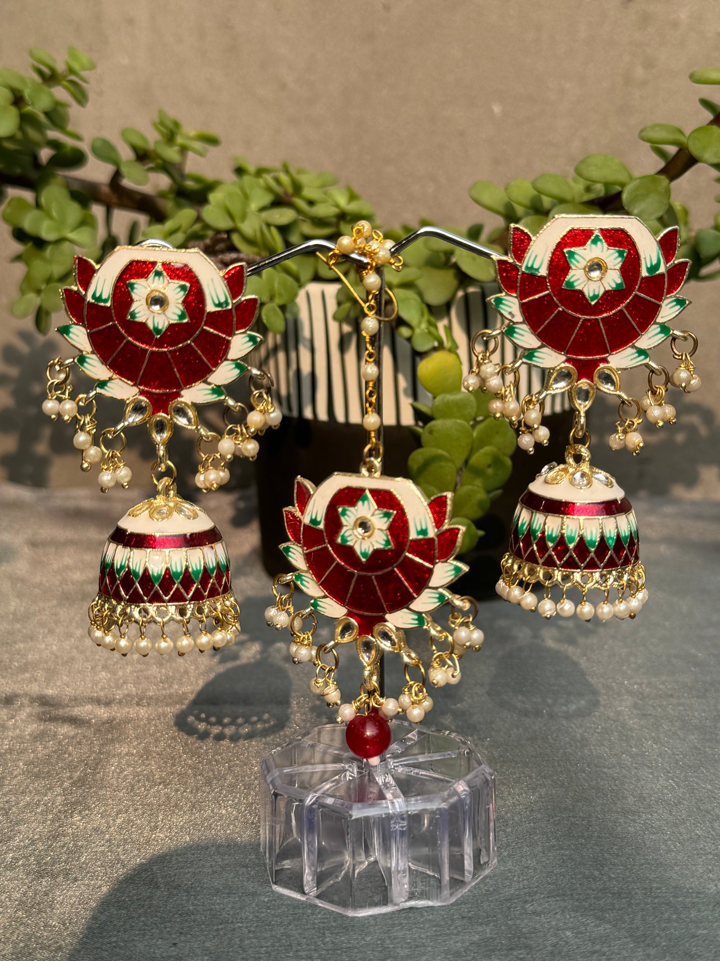 minakari with pearl beads red and white jhumki style earrings with mang-tika traditional jewelry