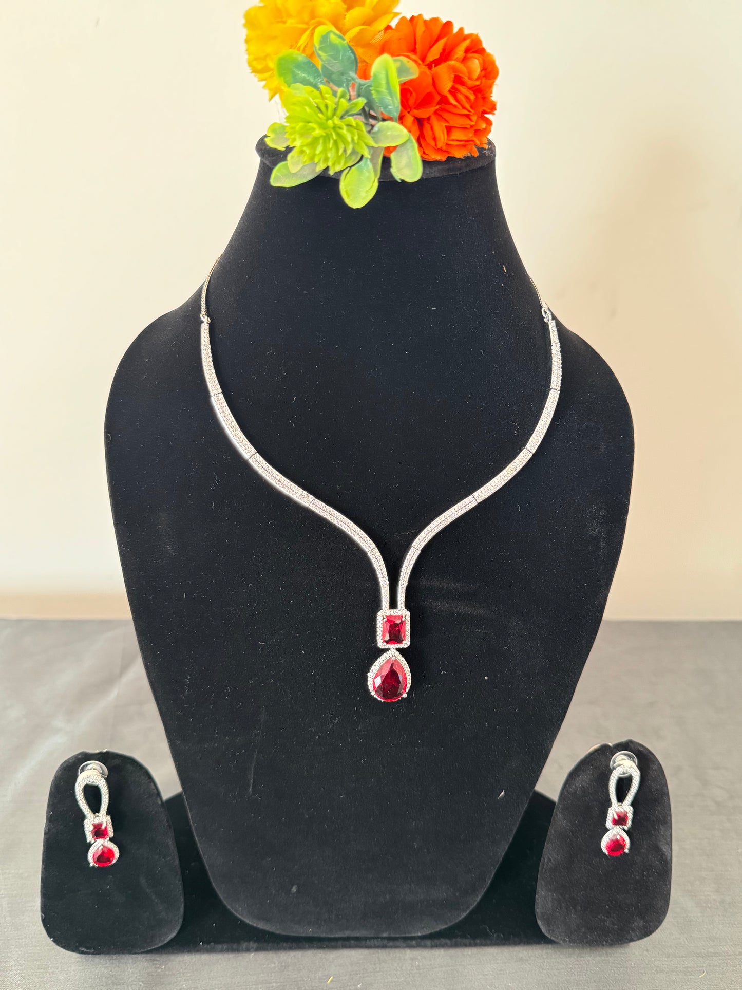 american-diamond with semi-precious ruby stones necklace set for women with earrings
