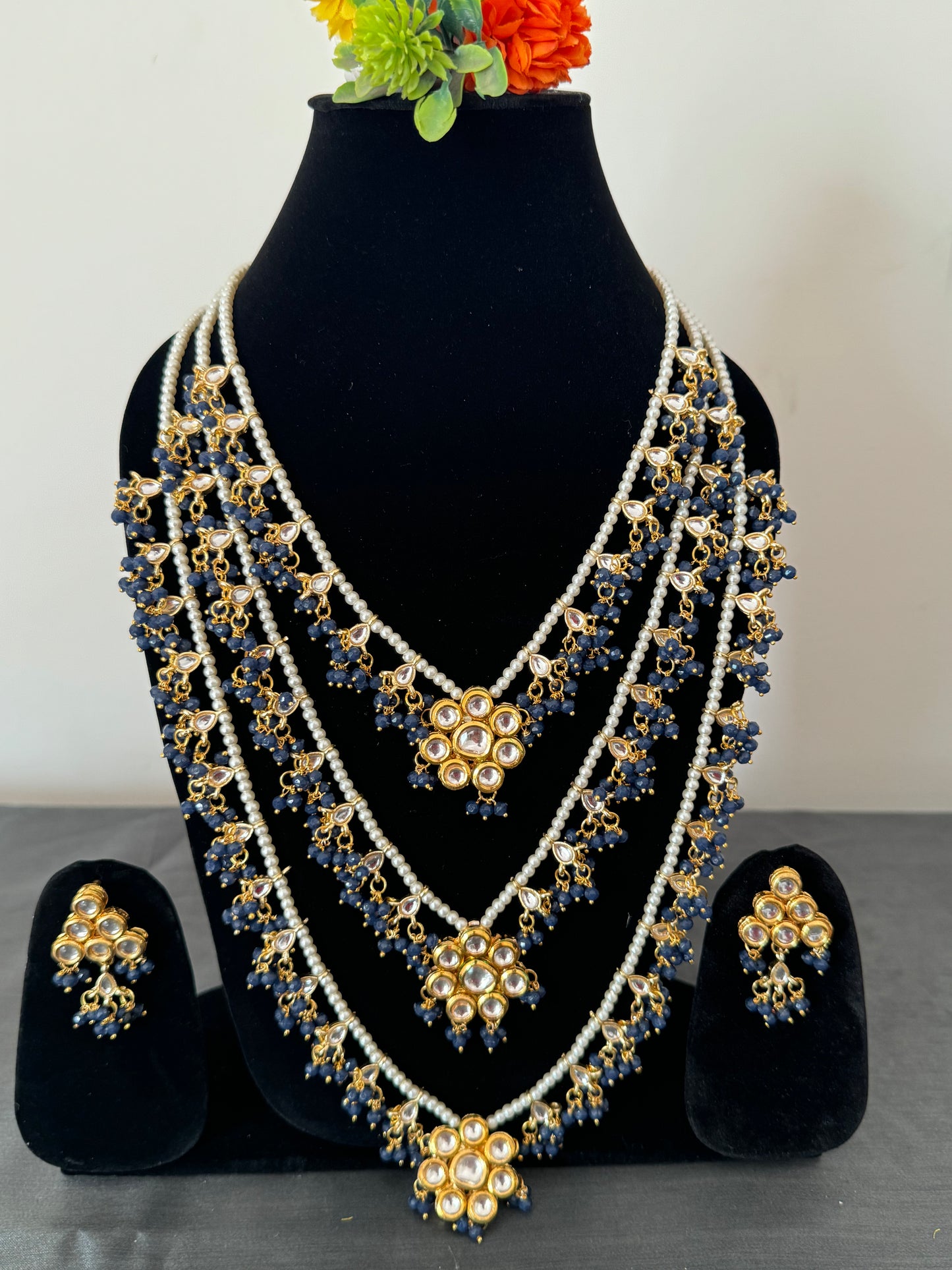three-layers kundan and pearl beads blue long necklace set with earrings