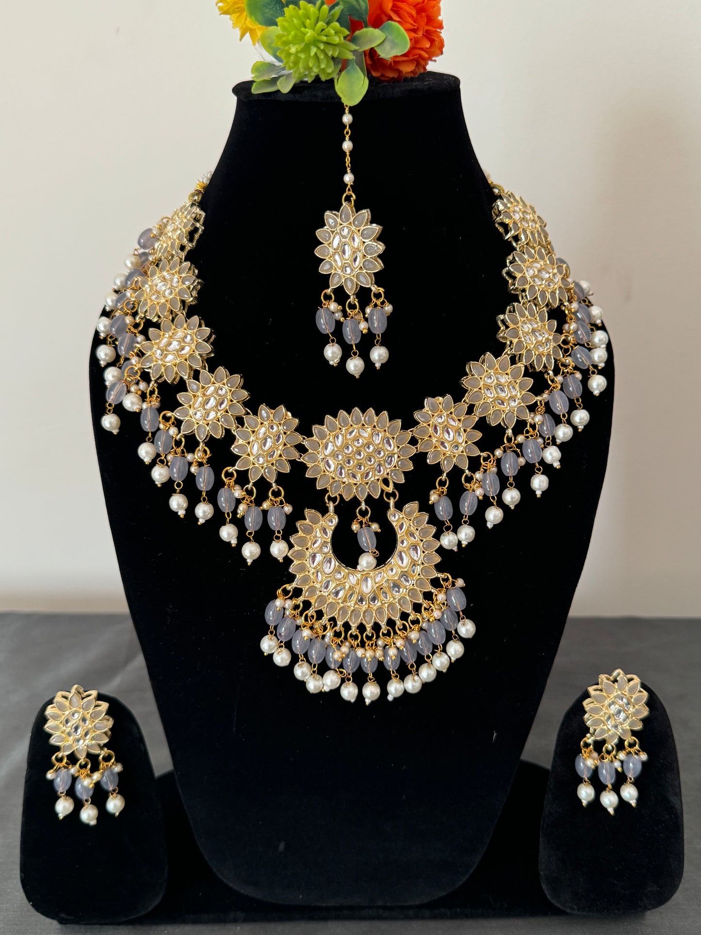 kundan jadau with grey and white beads bridal necklace set with earrings and mang-tika